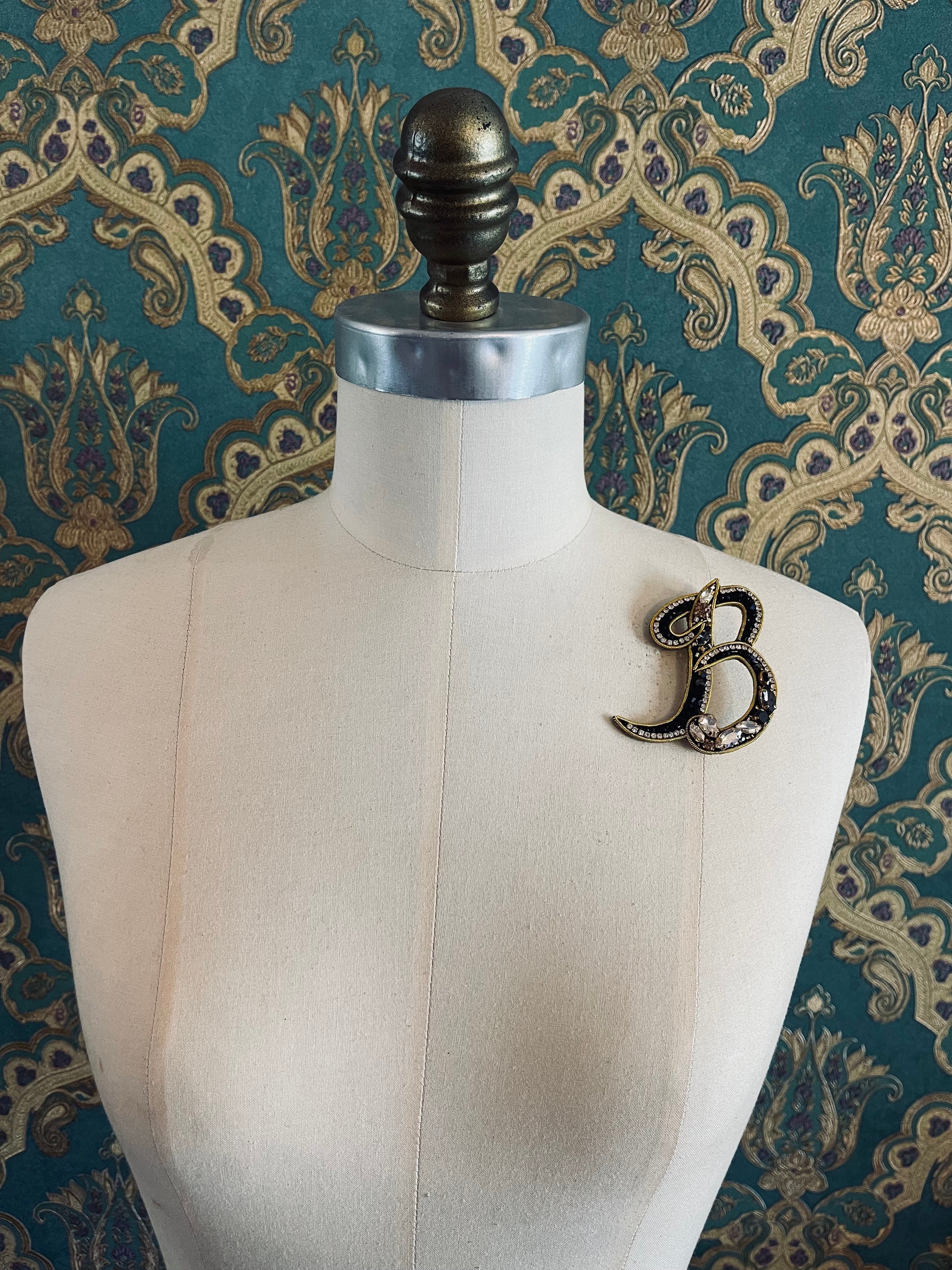 Broochella Initial Alphabet brooch pin handbeaded sequin gold black luxury designer men's women's accessory B