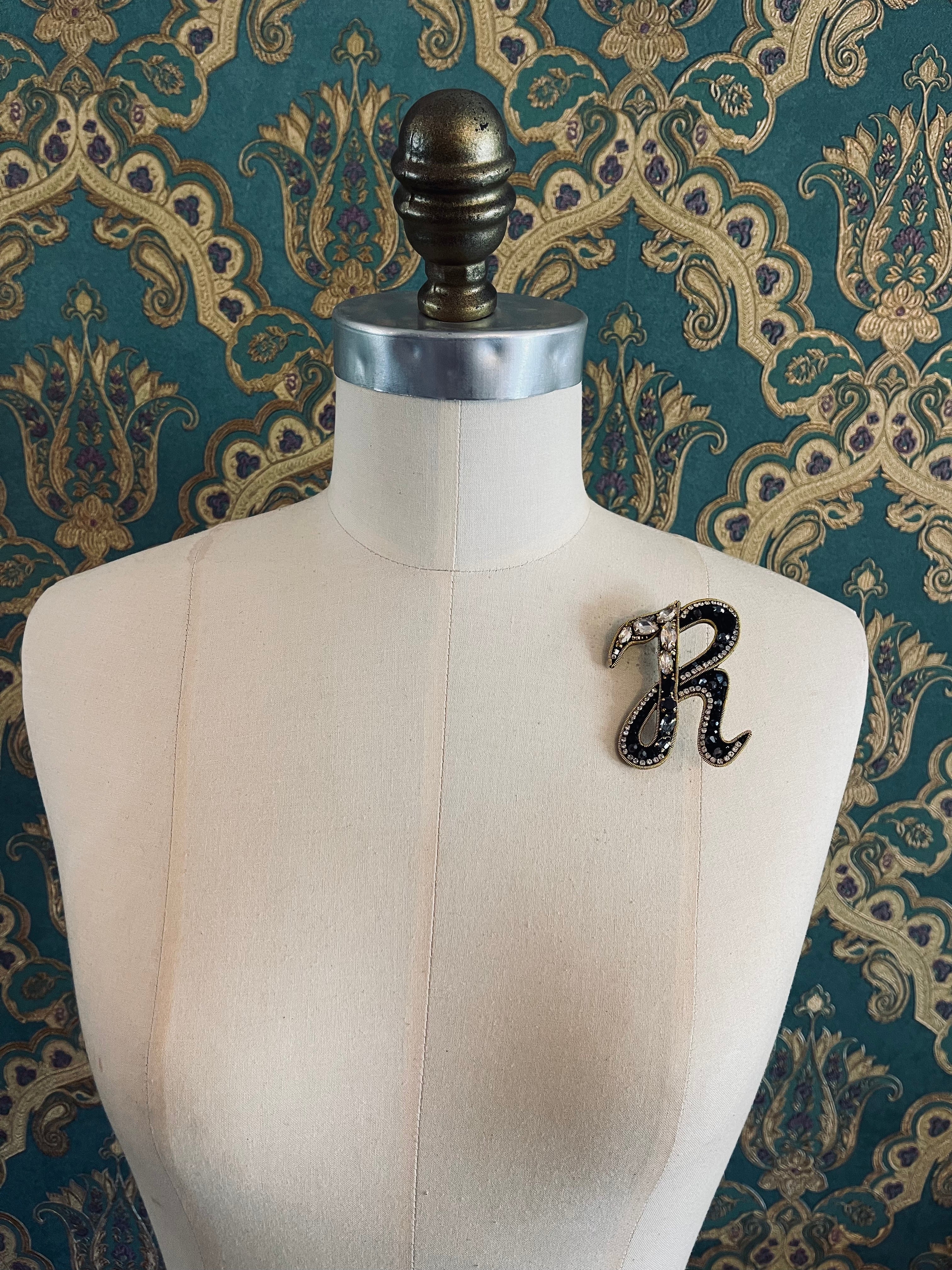 Broochella Initial Alphabet brooch pin handbeaded sequin gold black luxury designer men's women's accessory R