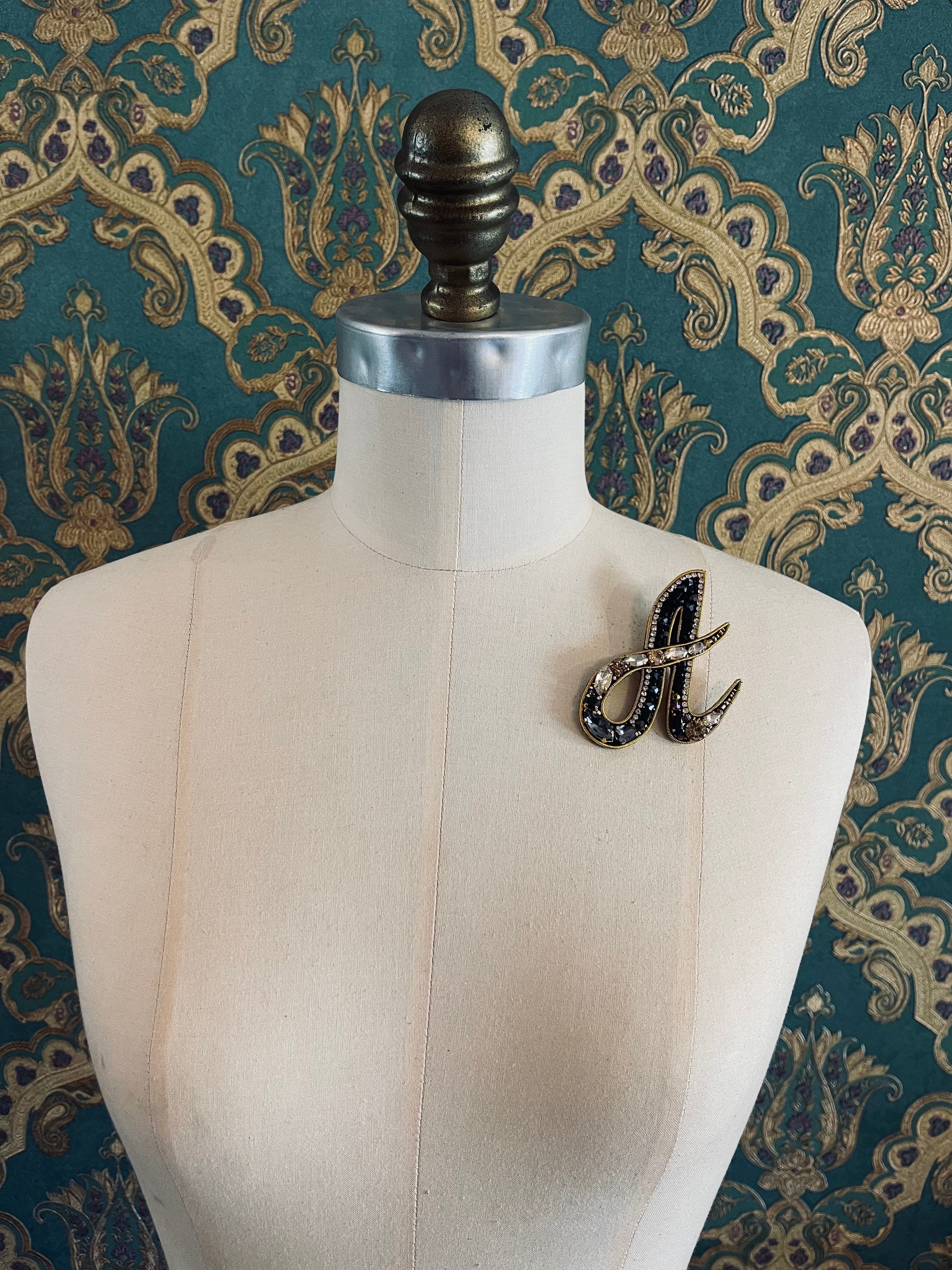 Broochella Initial Alphabet brooch pin handbeaded sequin gold black luxury designer men's women's accessory A