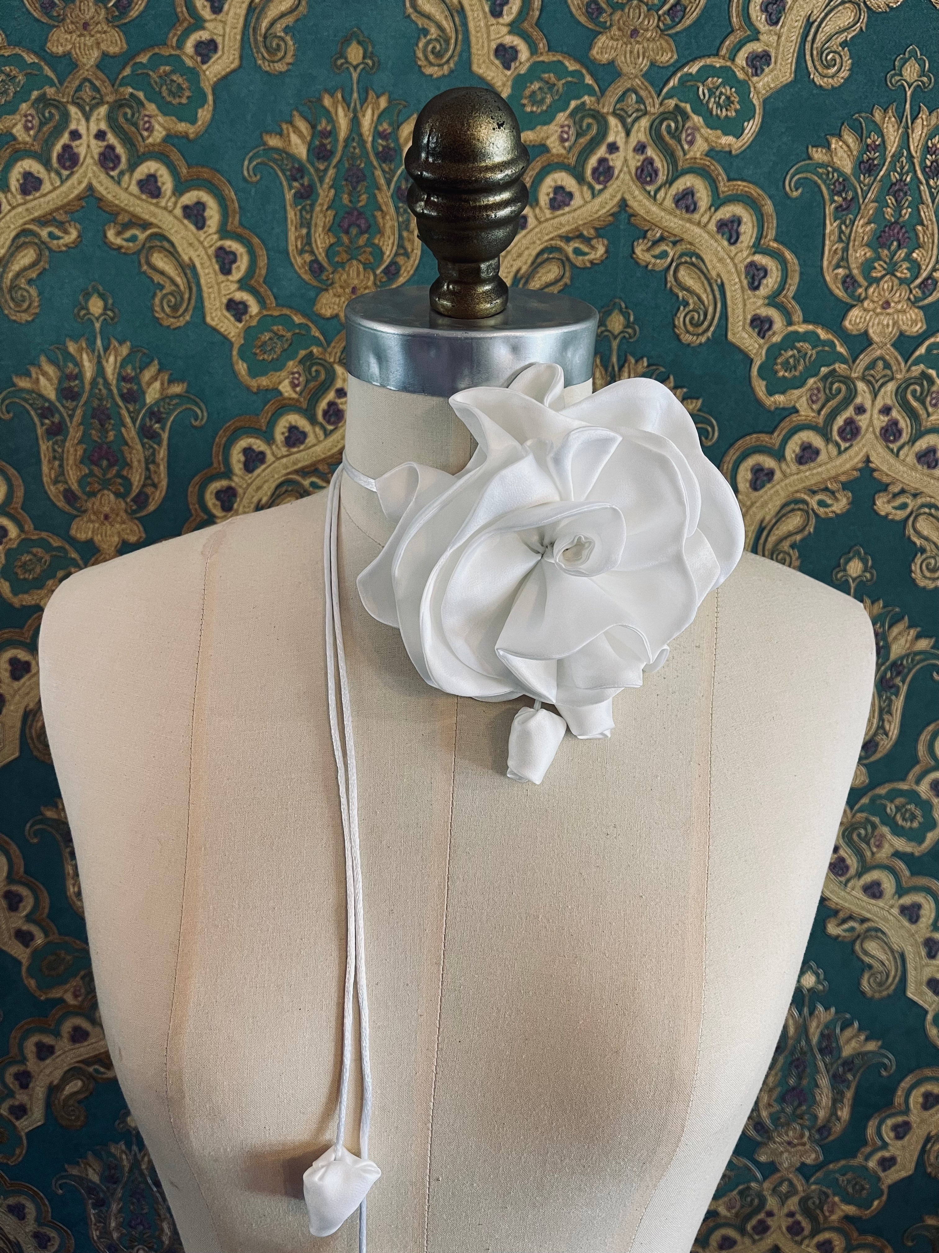 Broochella Rosetta flower brooch pin choker satin handmade luxury designer handmade men's women's accessory white