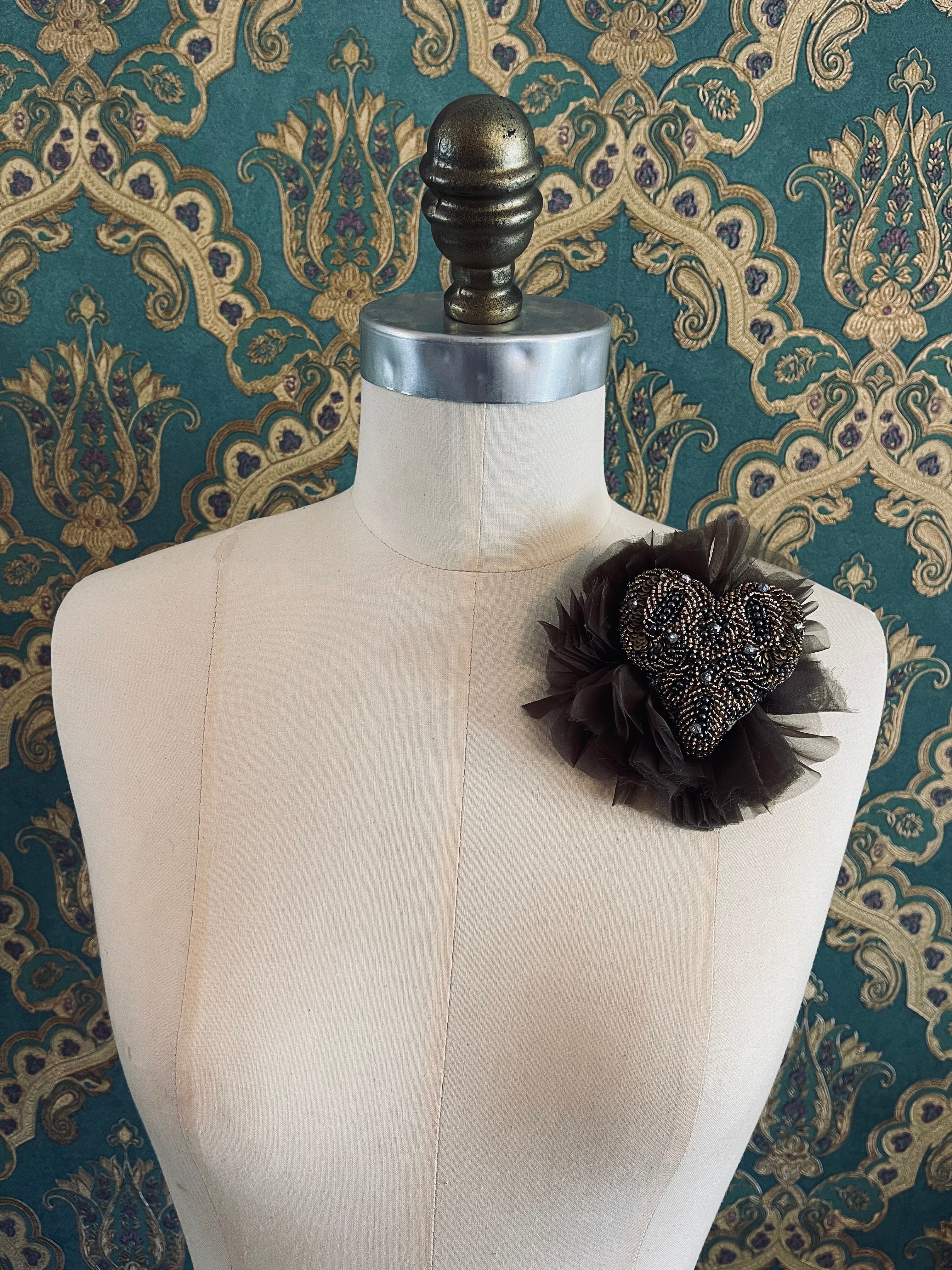 Broochella Fiore del Cuore brown flower brooch hand beaded heart organza handmade luxury designer women’s men’s 