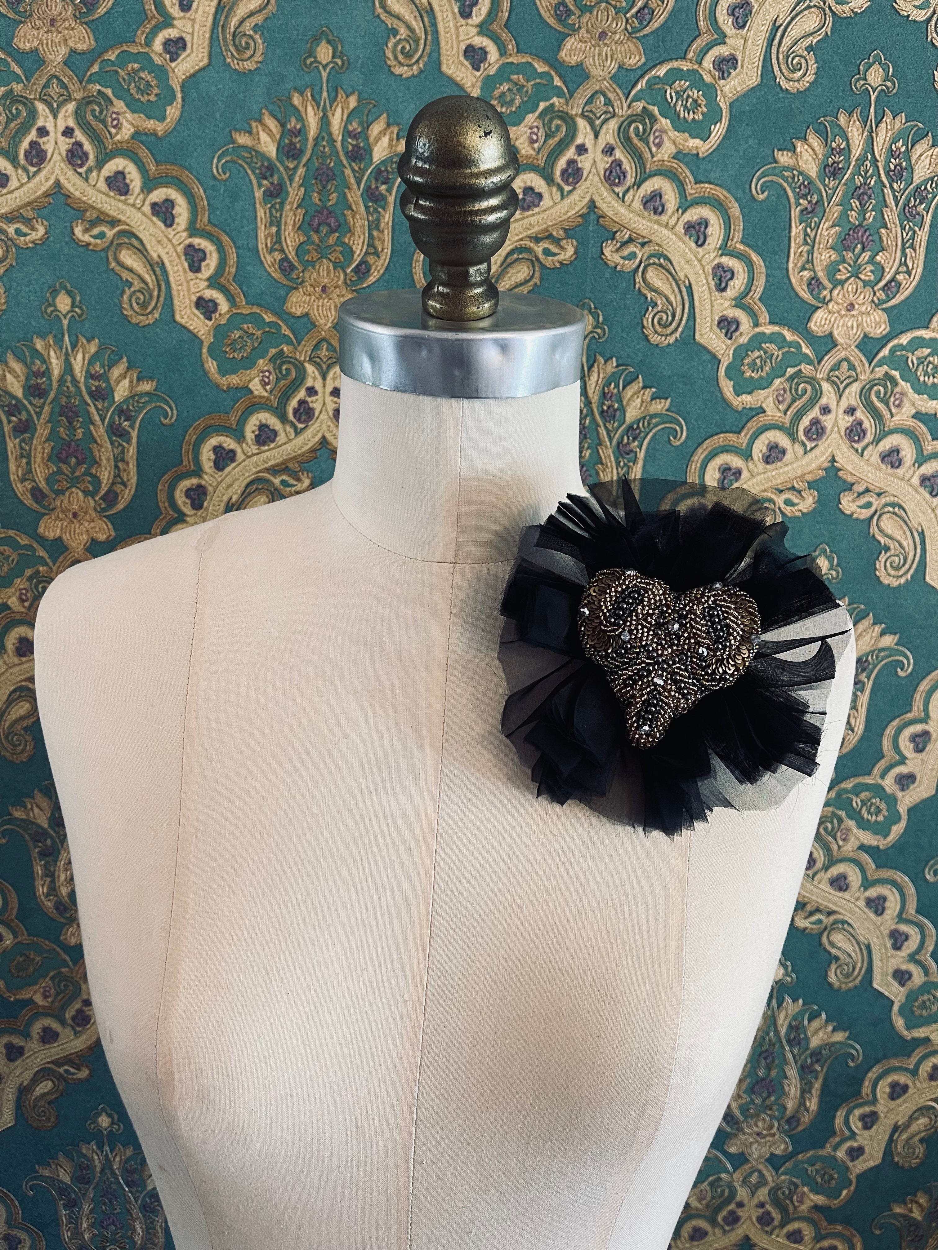 Broochella Fiore del Cuore black flower brooch hand beaded heart organza handmade luxury designer women’s men’s 