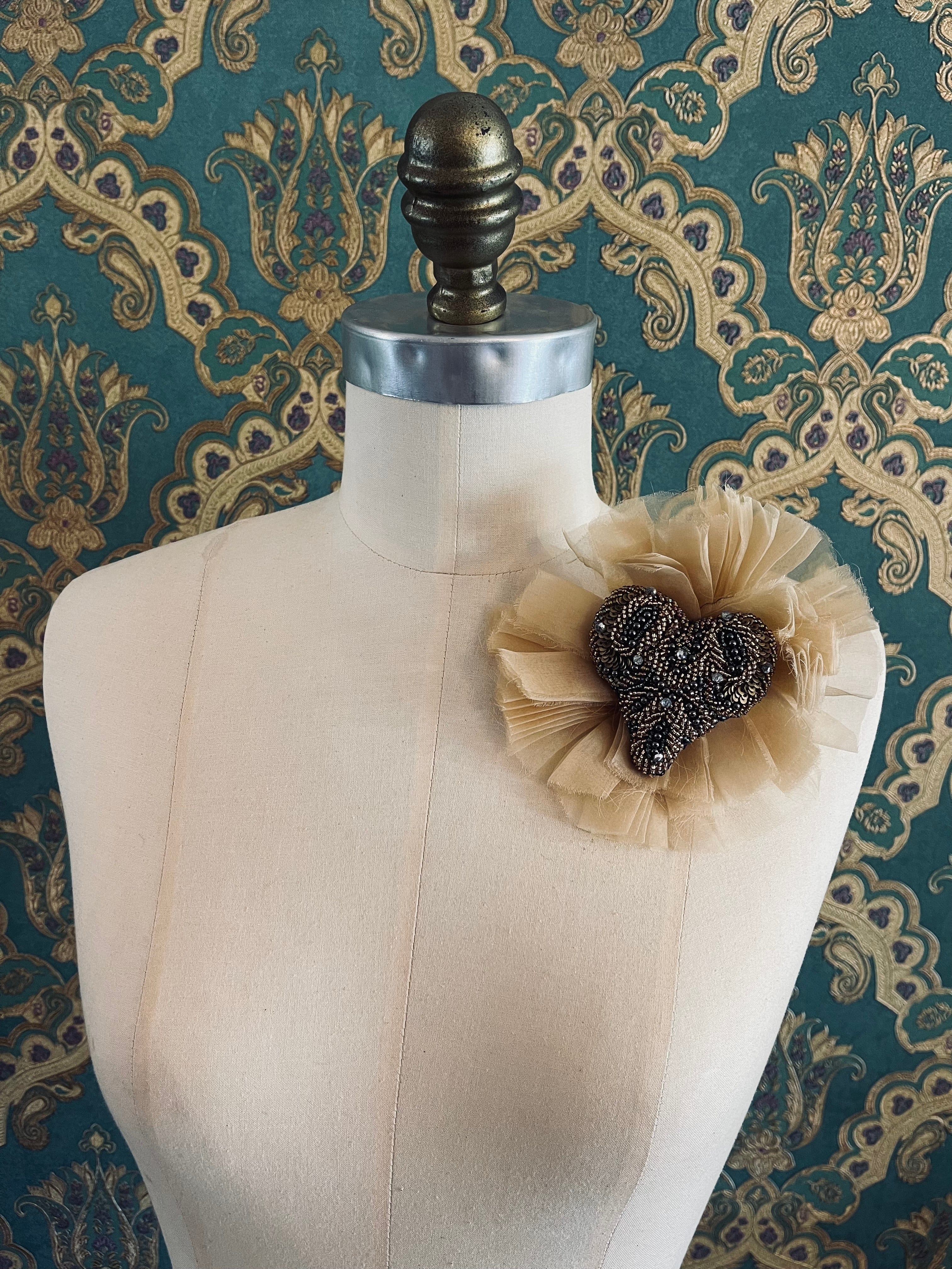 Broochella Fiore del Cuore beige flower brooch hand beaded heart organza handmade luxury designer women’s men’s 