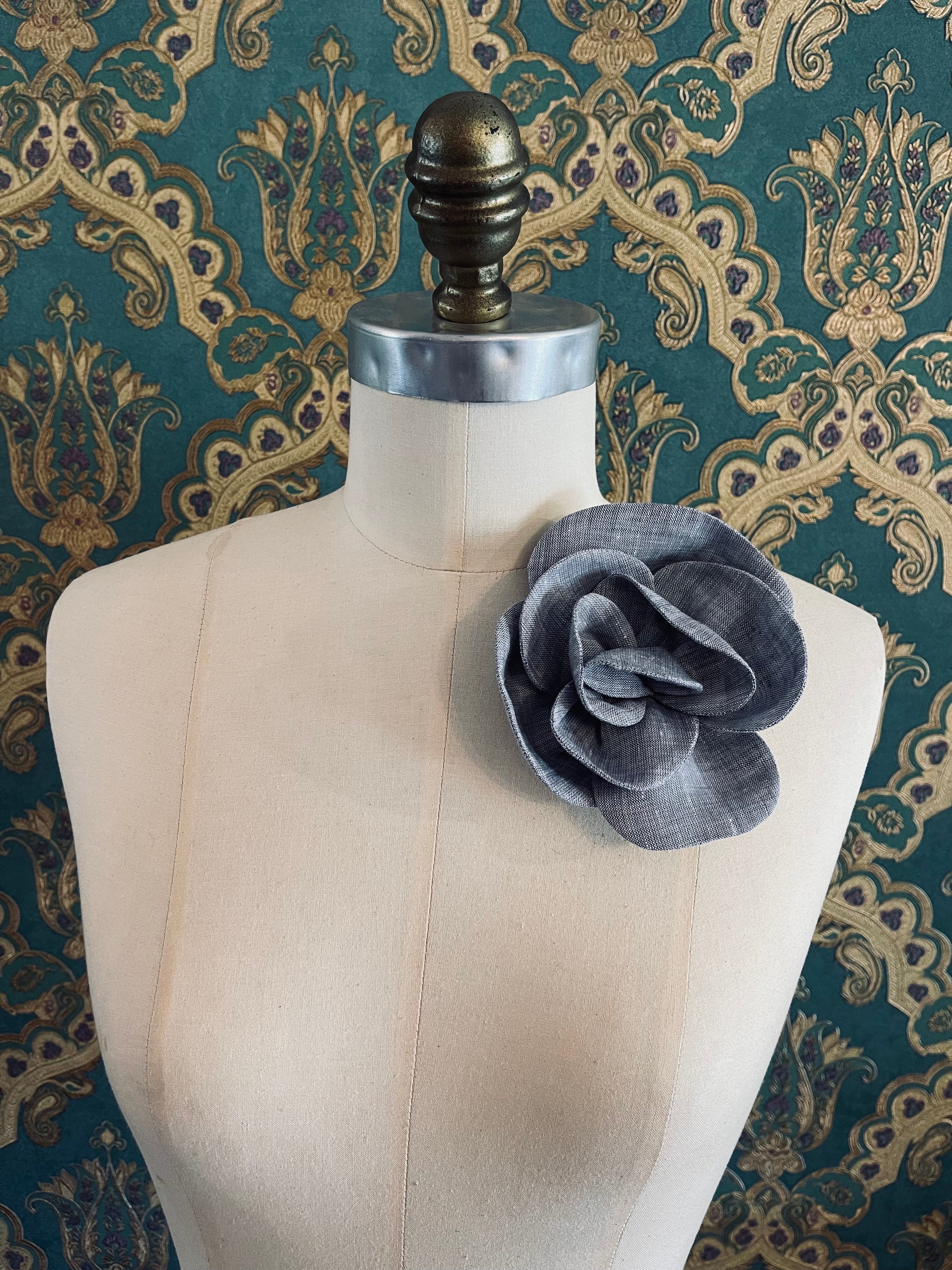 Broochella Florella small  flower brooch pin linen handmade luxury designer women’s men’s accessory grey