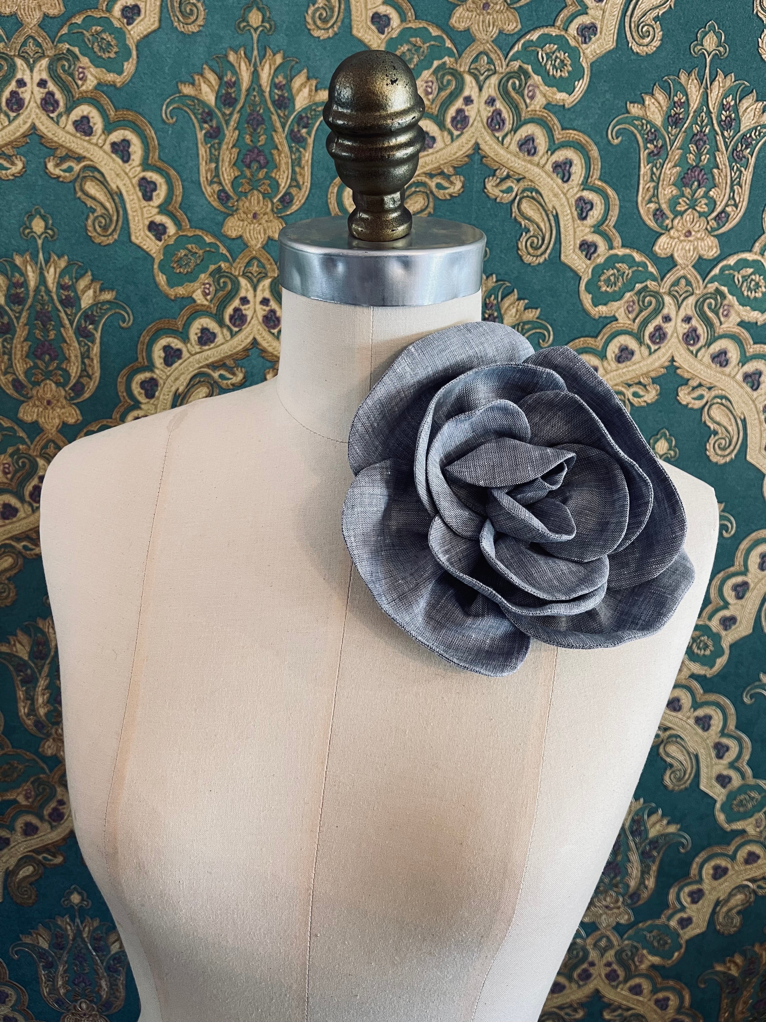 Broochella Florella small  flower brooch pin linen handmade luxury designer women’s men’s accessory grey