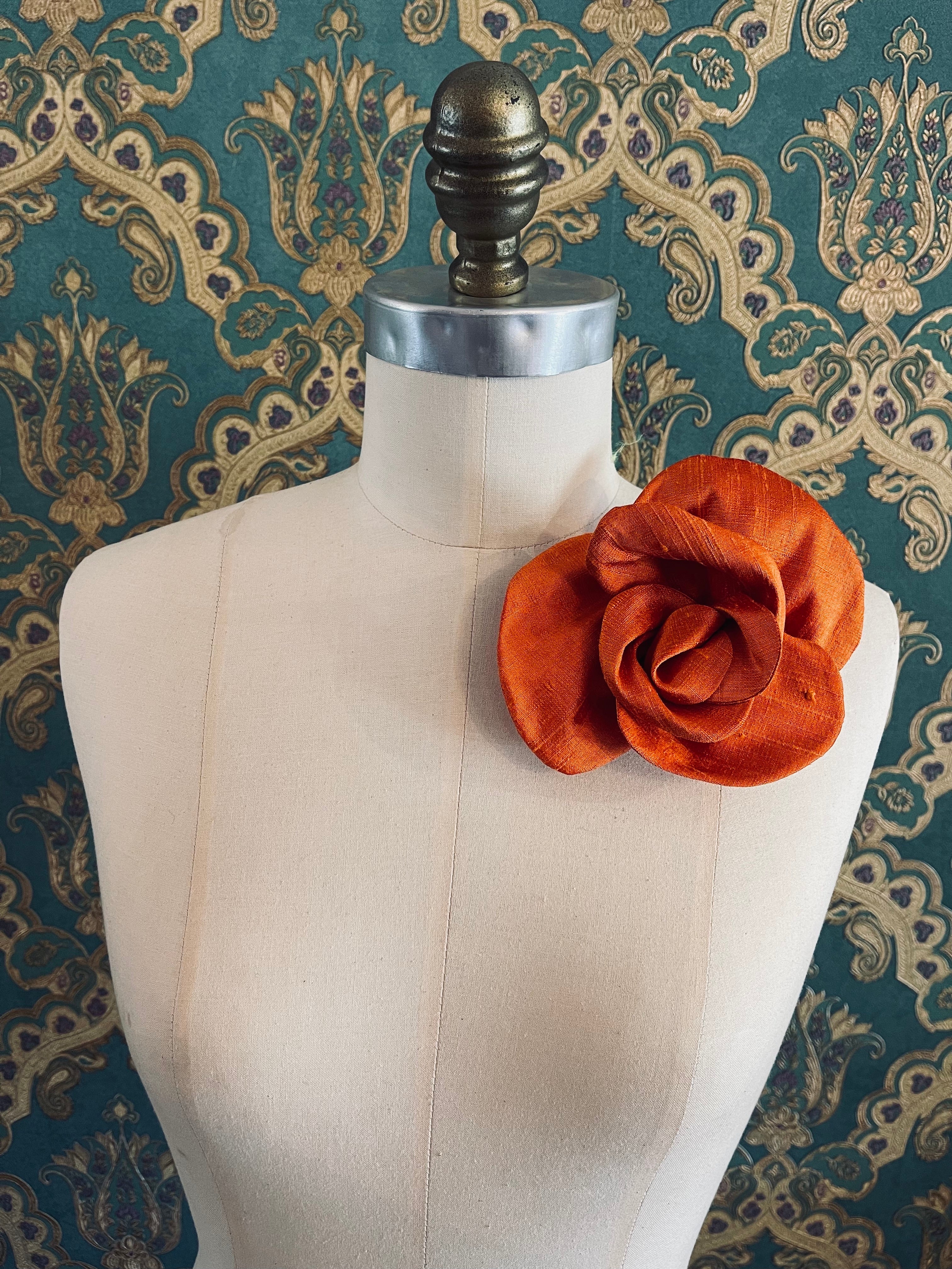 Broochella Bellucci  handmade silk flower brooch pin luxury designer men’s women’s  accessory orange