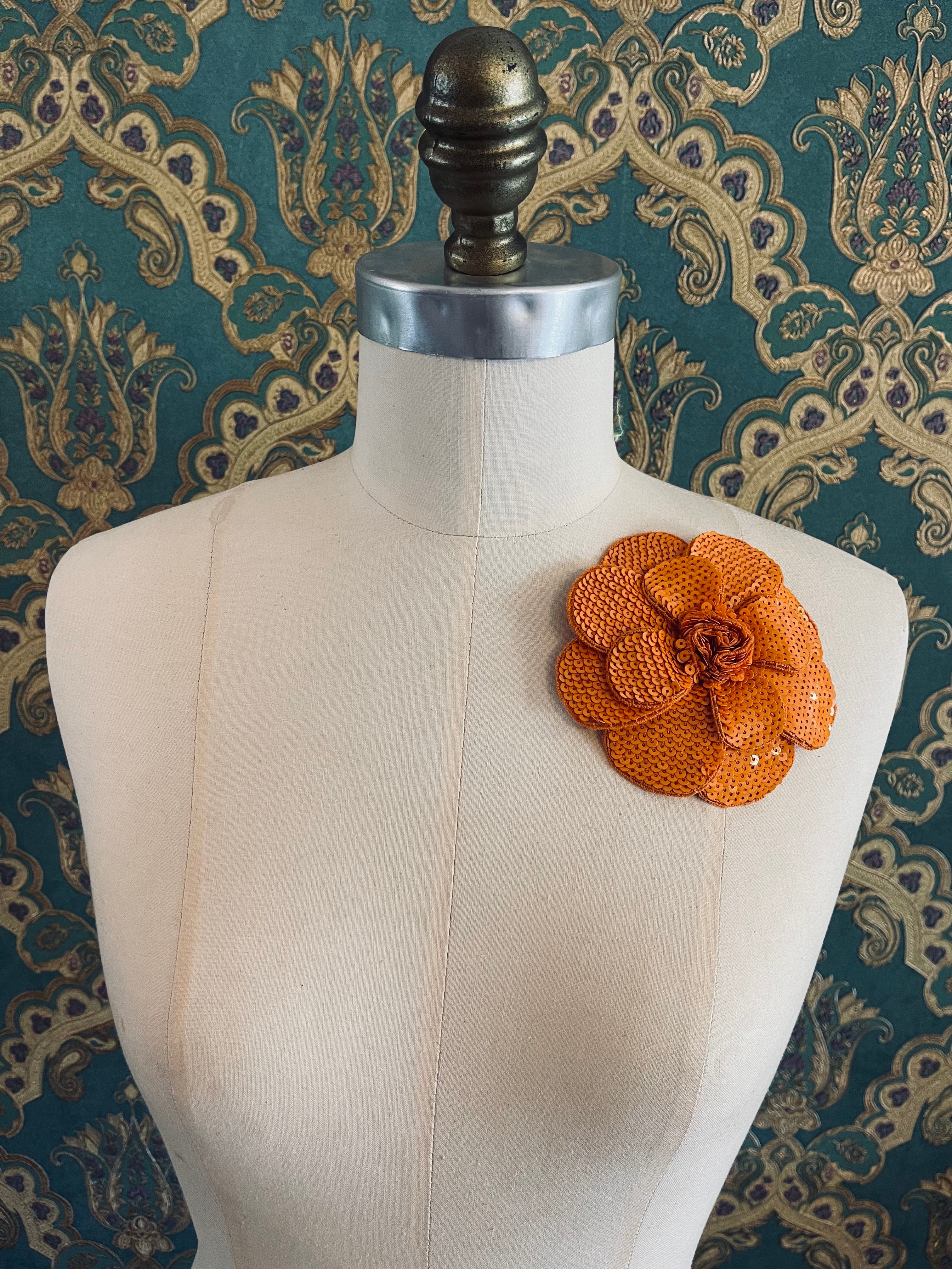 Broochella Scintillante Flower Brooch Pin handmade sequin luxury designer men's women's orange