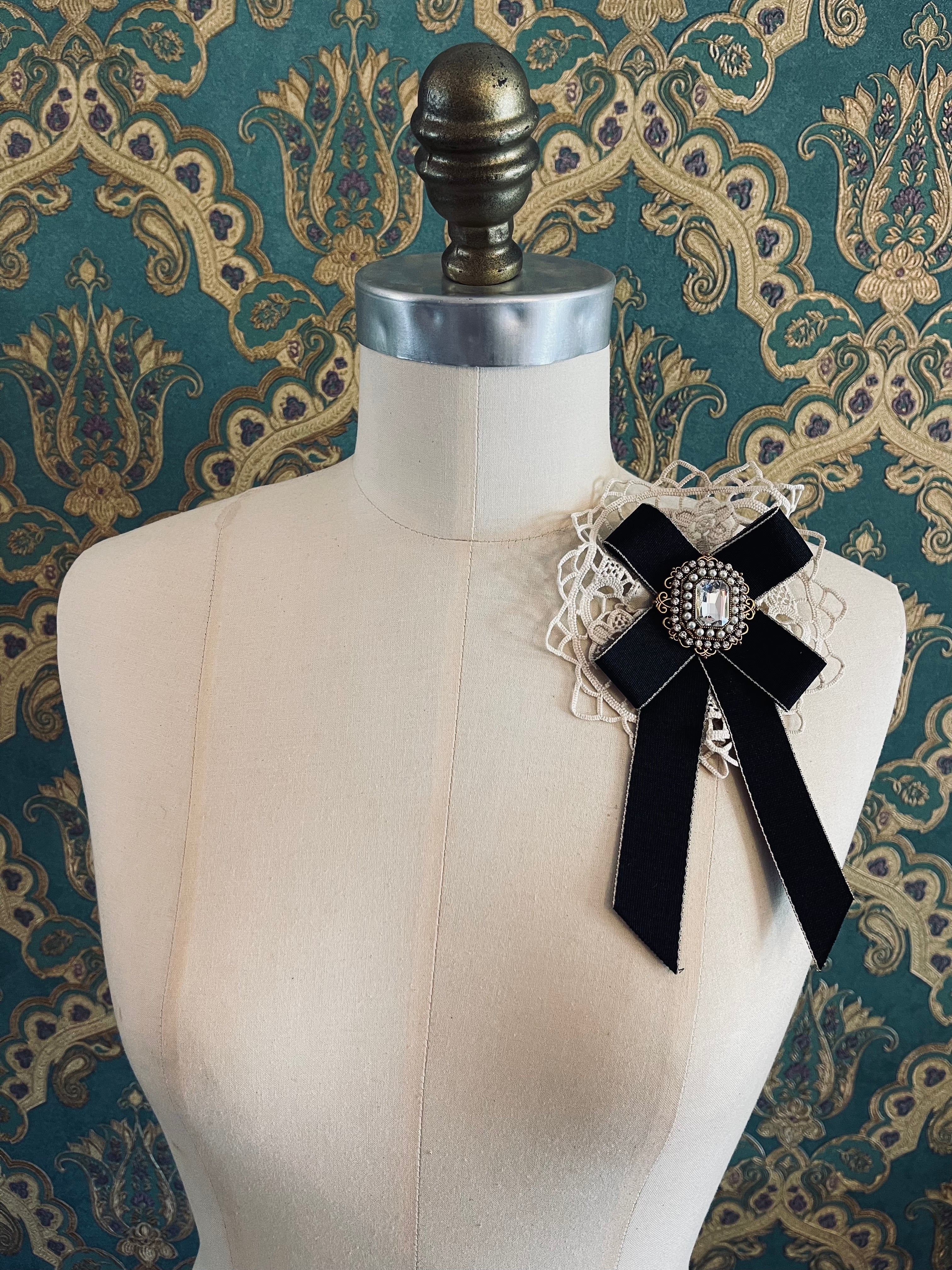 Broochella Il Conte bow brooch pin lace ribbon jewelled embellishment handmade luxury designer men's women's accessory black