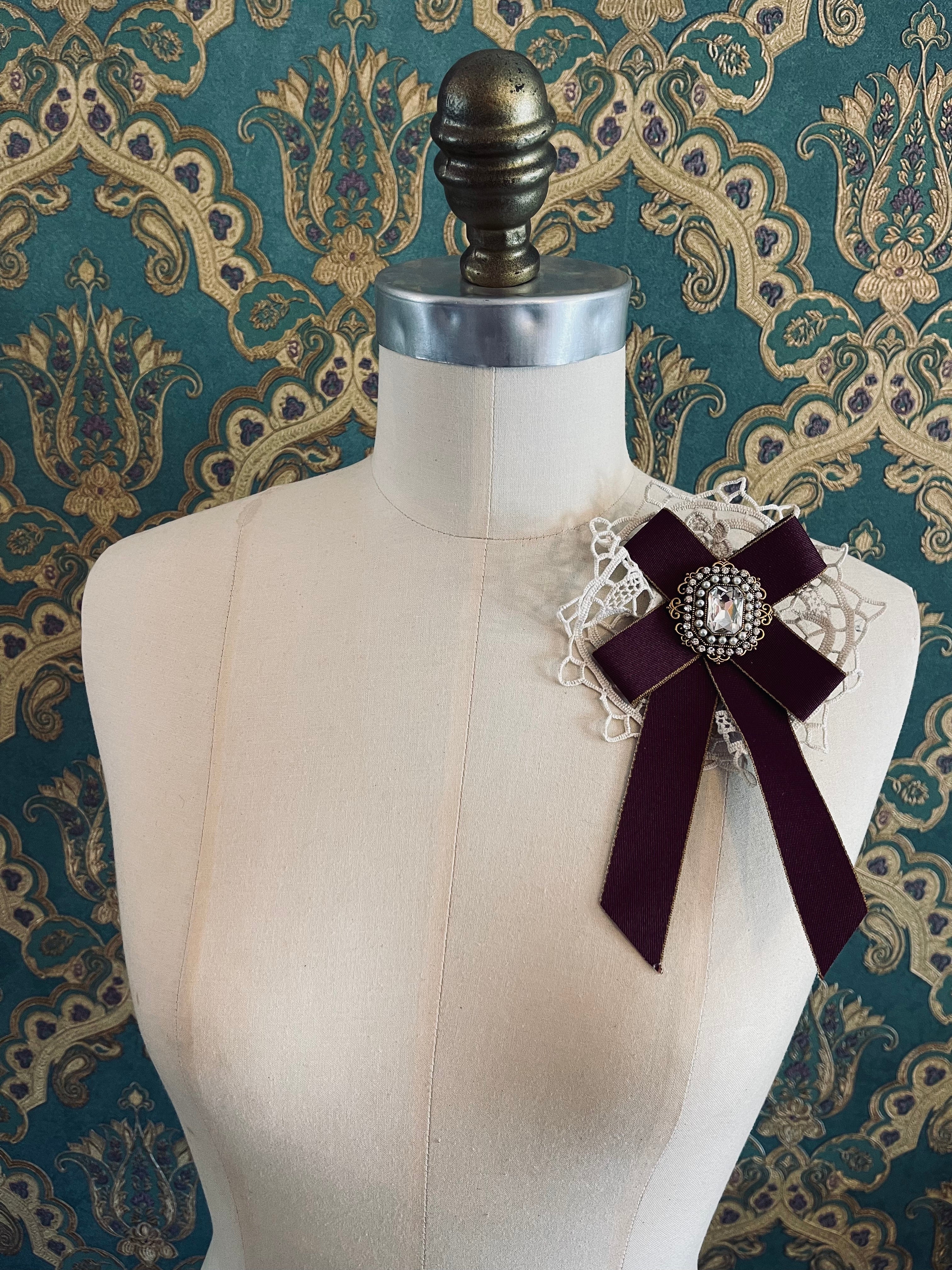 Broochella Il Conte bow brooch pin lace ribbon jewelled embellishment handmade luxury designer men's women's accessory burgundy