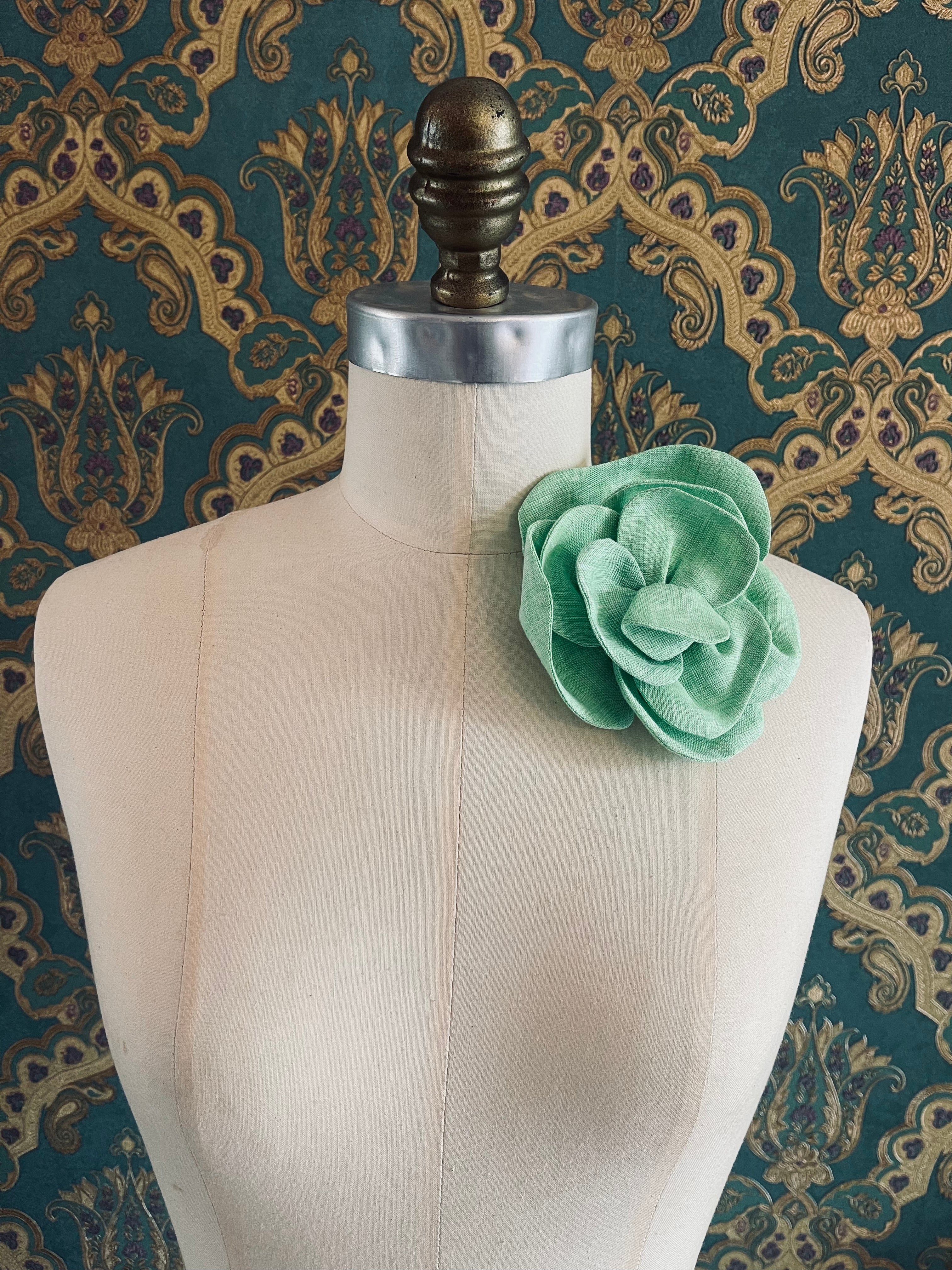 Broochella Florella small  flower brooch pin linen handmade luxury designer women’s men’s accessory green