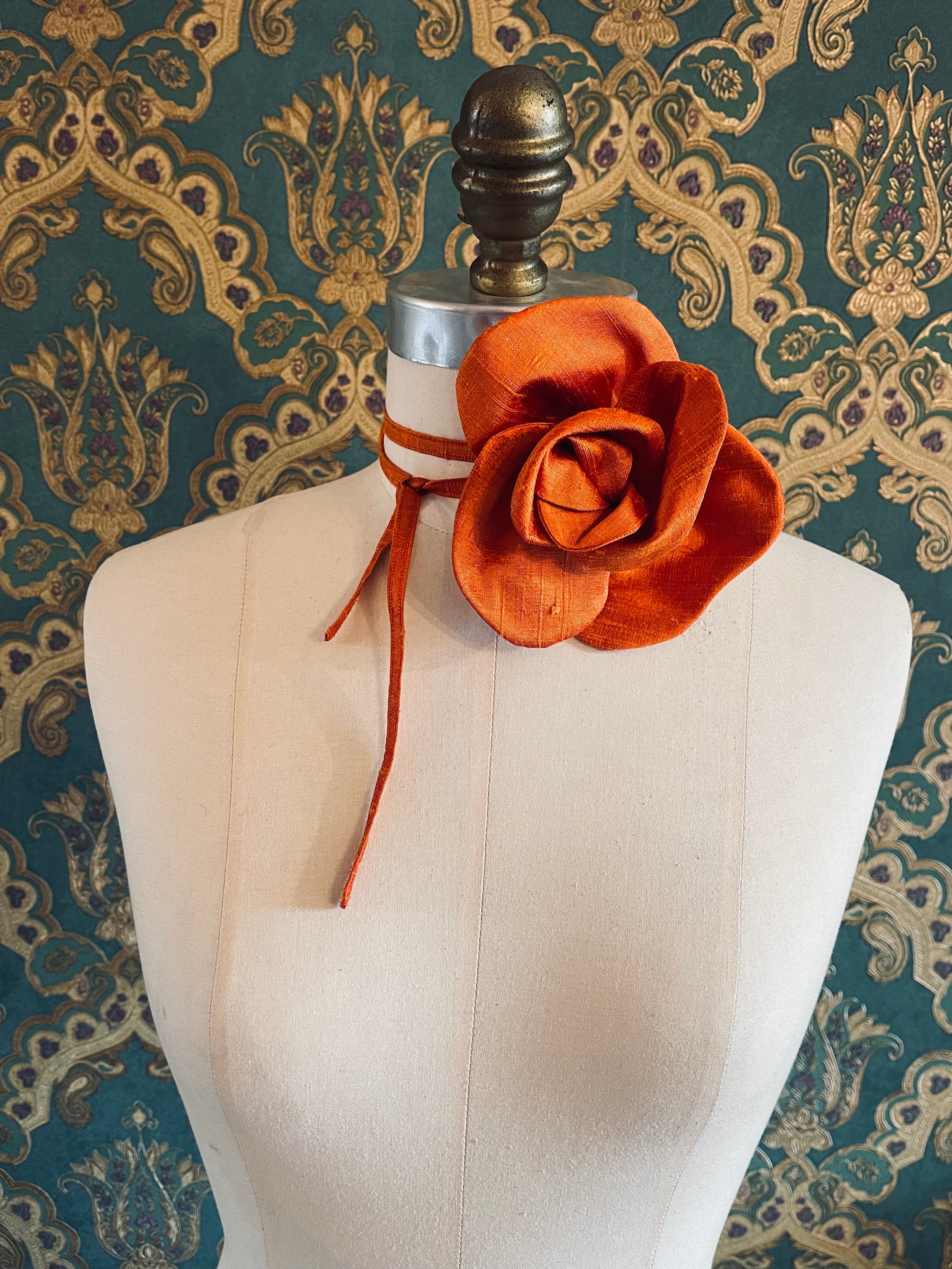 Broochella Bellucci handmade silk flower brooch pin choker designer luxury women’s accessory orange