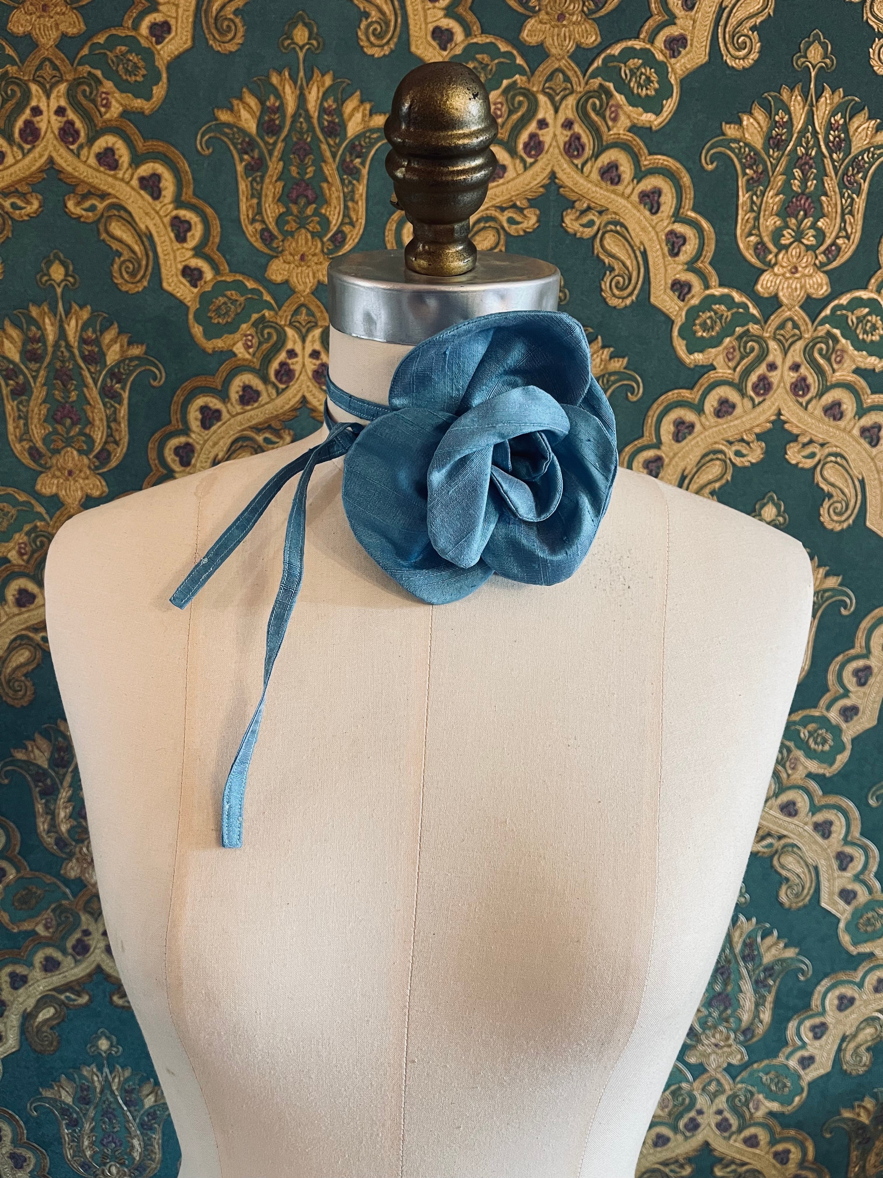 Broochella Bellucci handmade silk flower brooch pin choker designer luxury women’s accessory blue