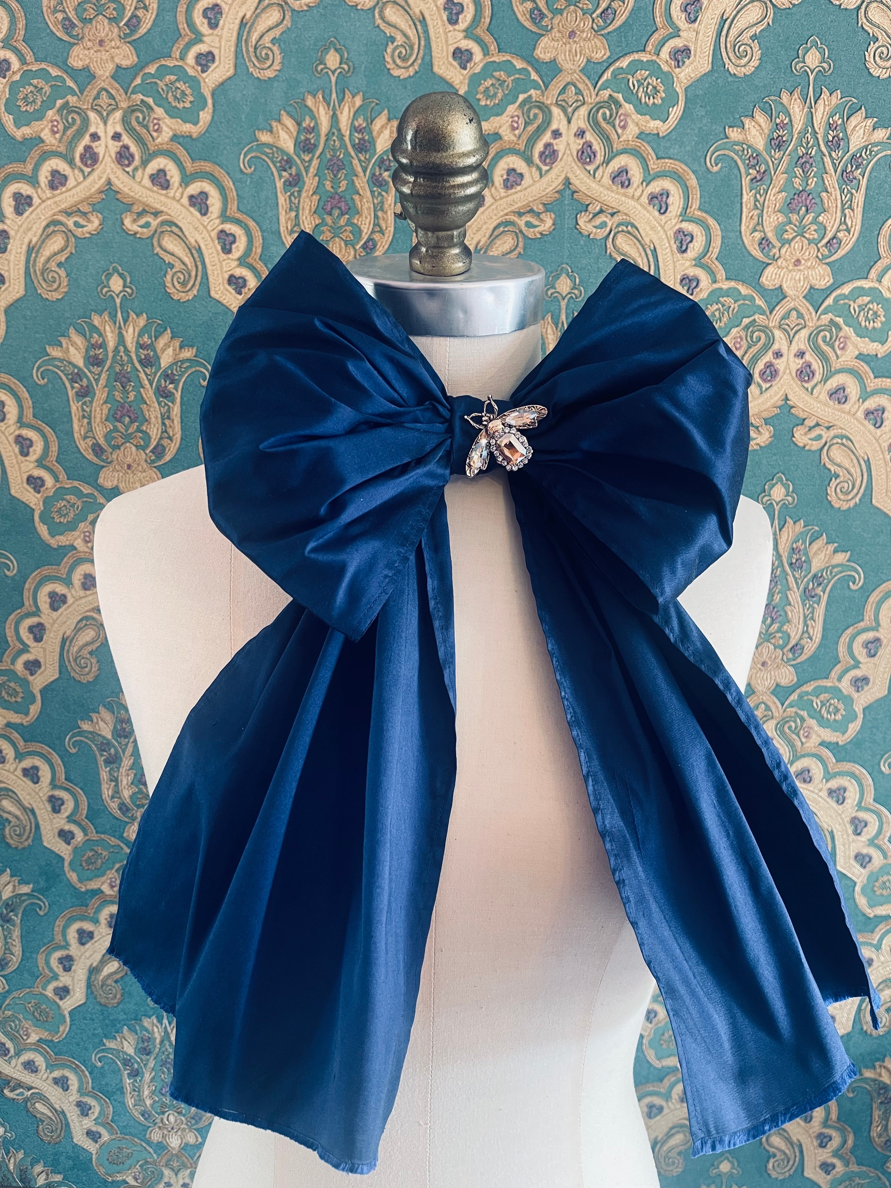 Broochella Fiocco blue large bow brooch pin choker silk jewelled embellishment handmade designer luxury women’s accessory