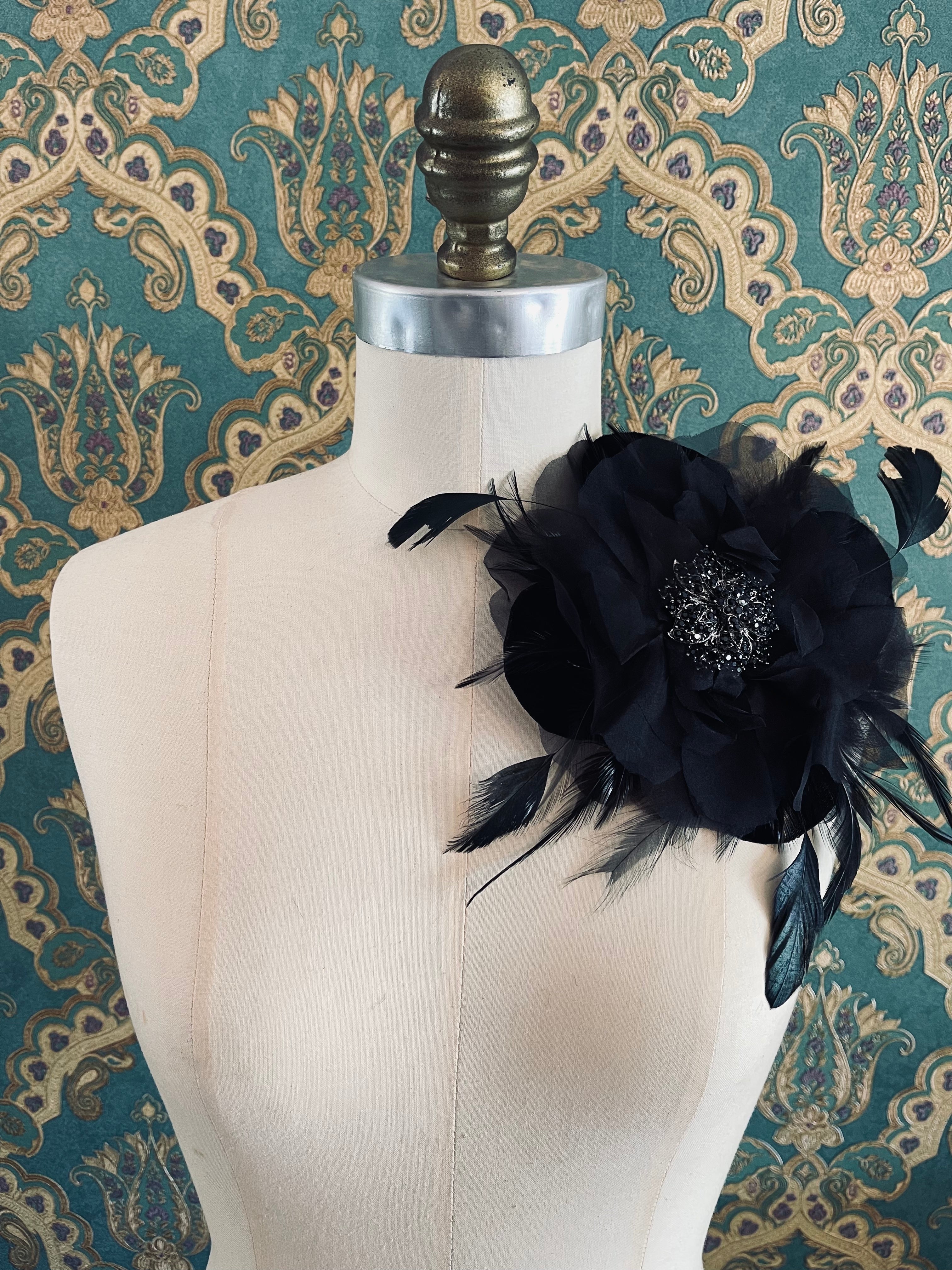 Broochella La Contessa flower brooch pin silk velvet feather handmade bejewelled designer luxury men's women's black