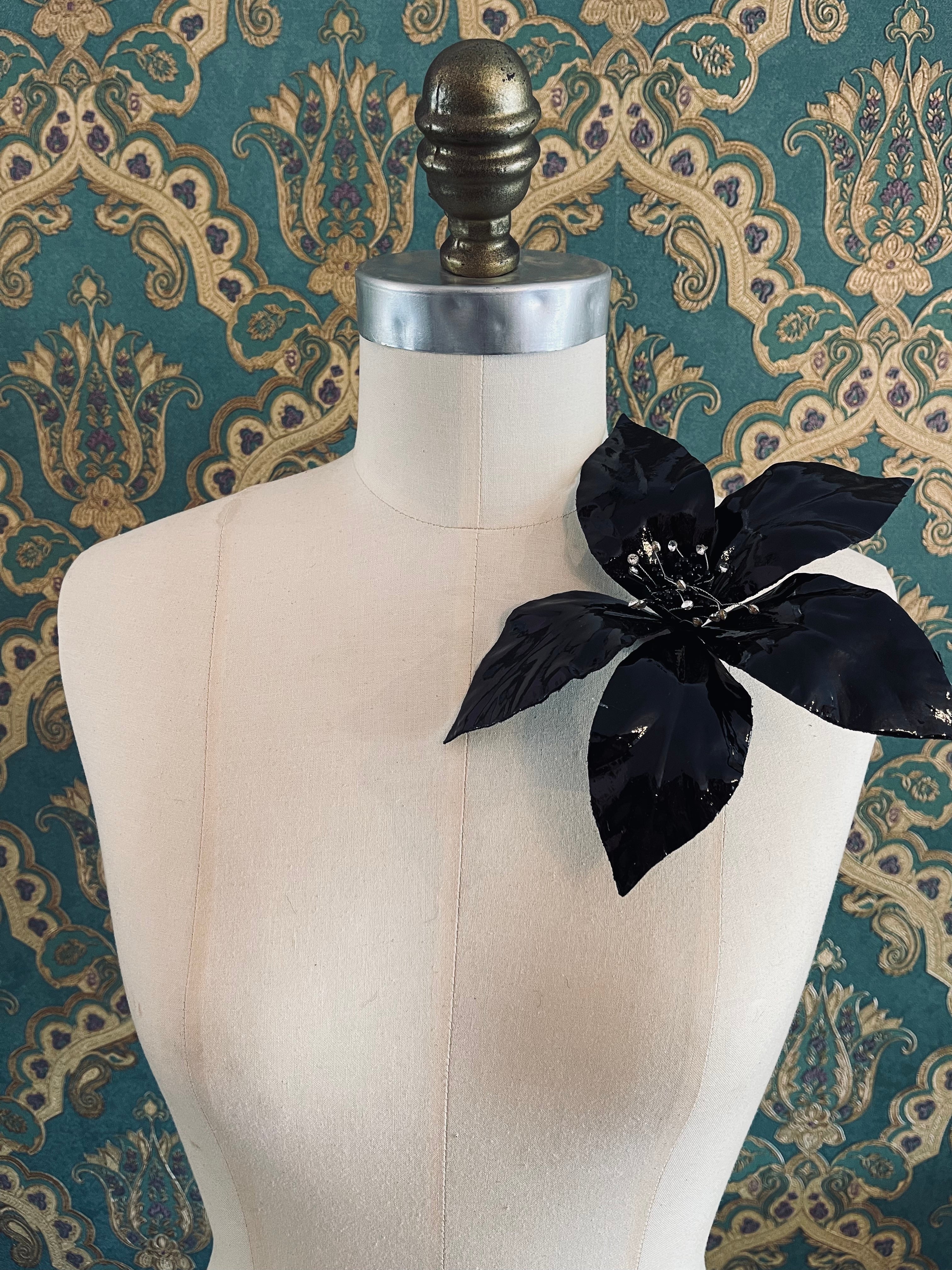 Broochella Giglio flower brooch pin patent leather handmade crystal centre luxury designer men's women's black accessory