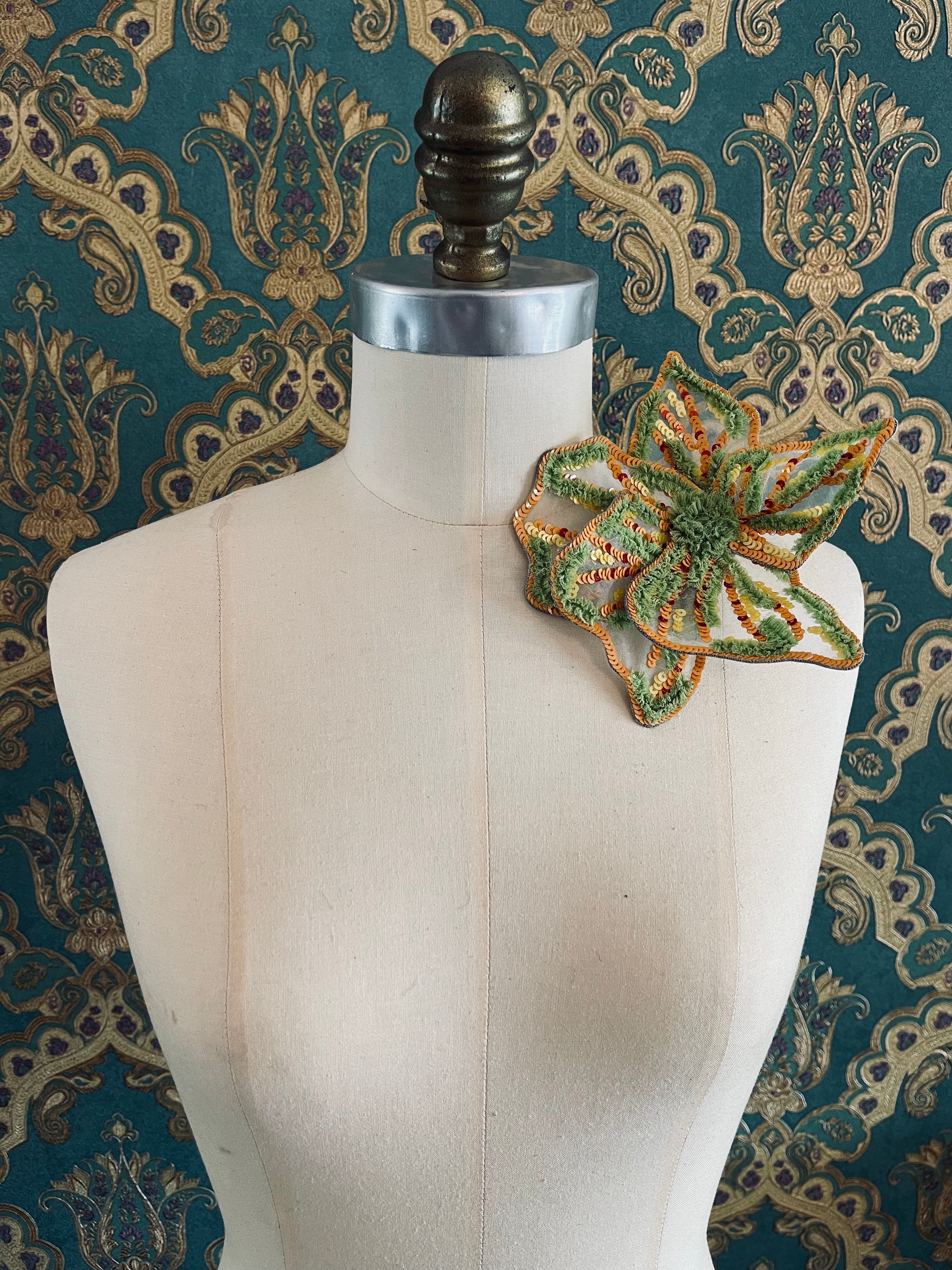 Broochella Giglio di Tigre small flower brooch pin hand beaded sequin silk handmade luxury designer women's green orange