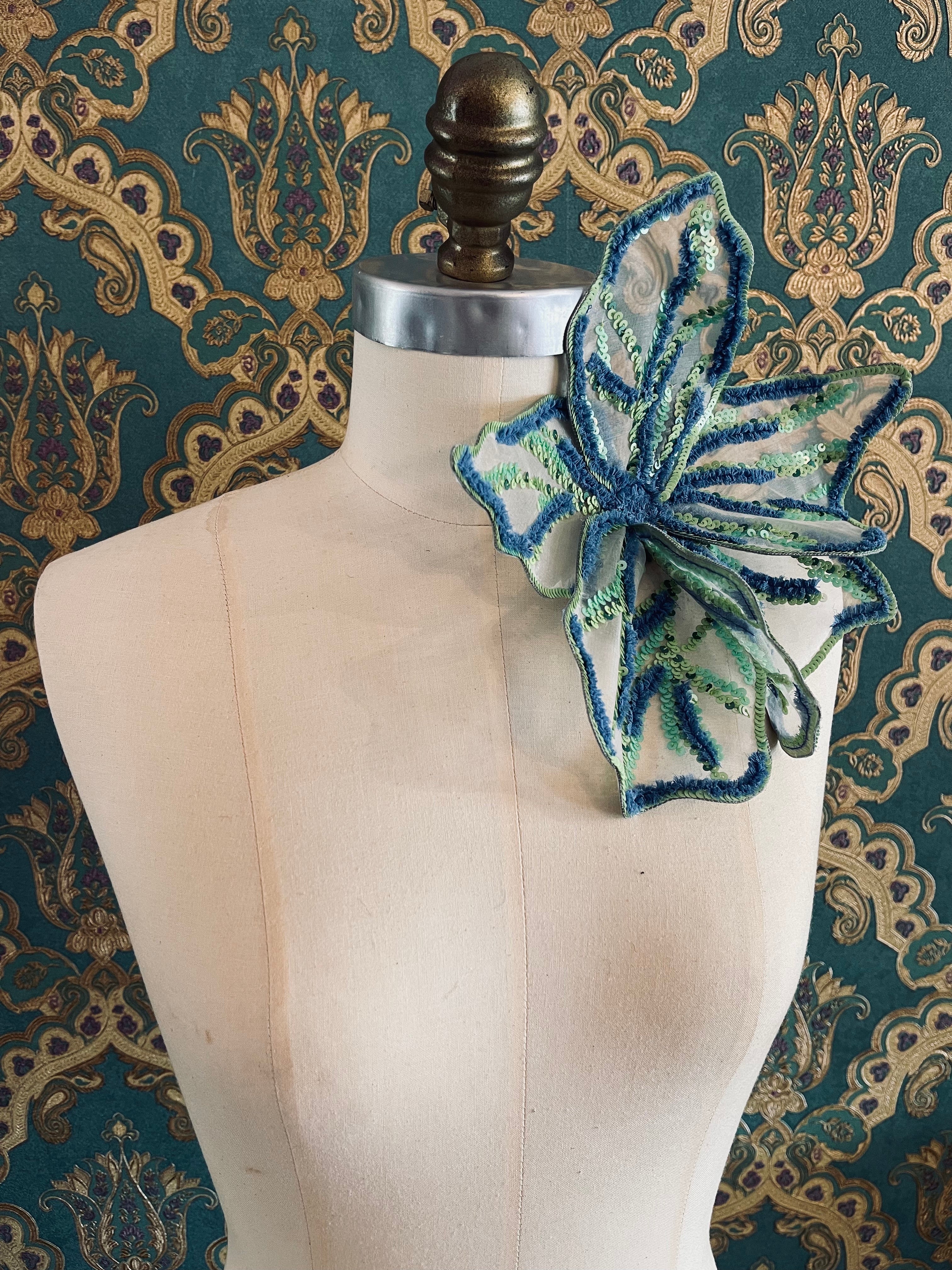 Broochella Giglio di Tigre large flower brooch pin hand beaded sequin silk handmade luxury designer women's green blue