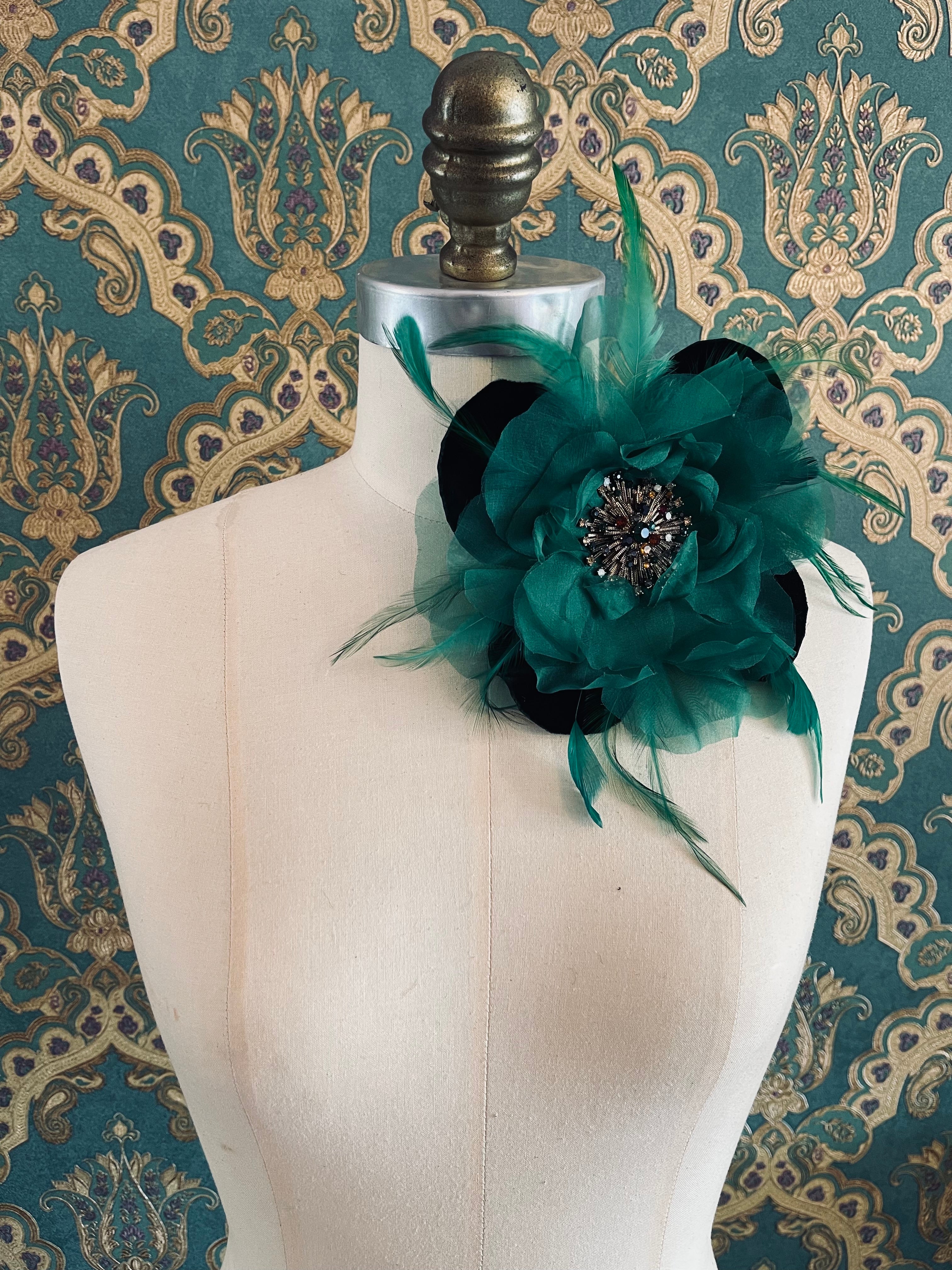 La Duchessa Flower brooch pin handmade silk velvet feather rhinestone embellishment luxury designer men's women's green