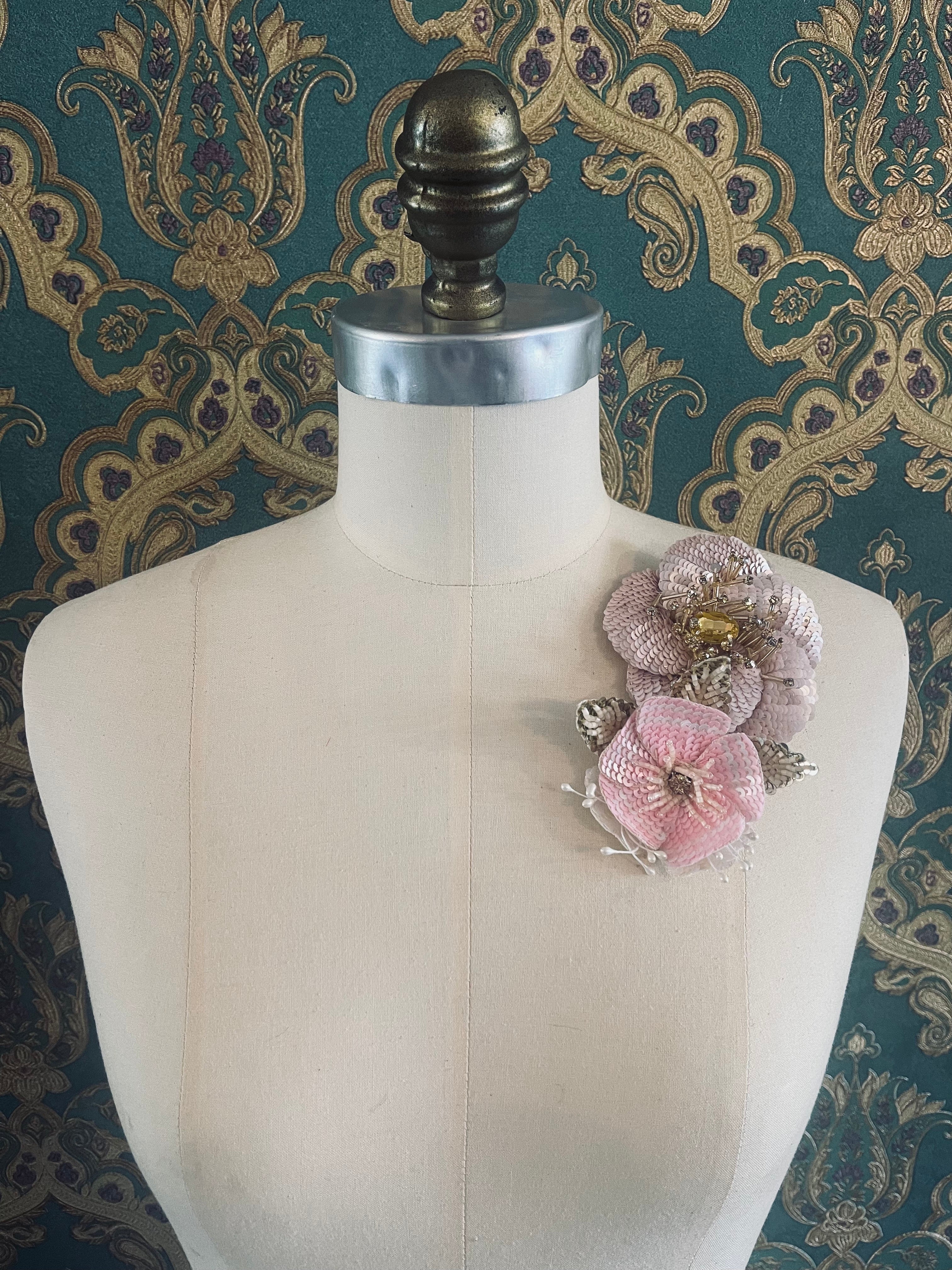 Broochella Tesoro Ingioiellato Flower Brooch Pin pink handmade sequin luxury designer men's women's 