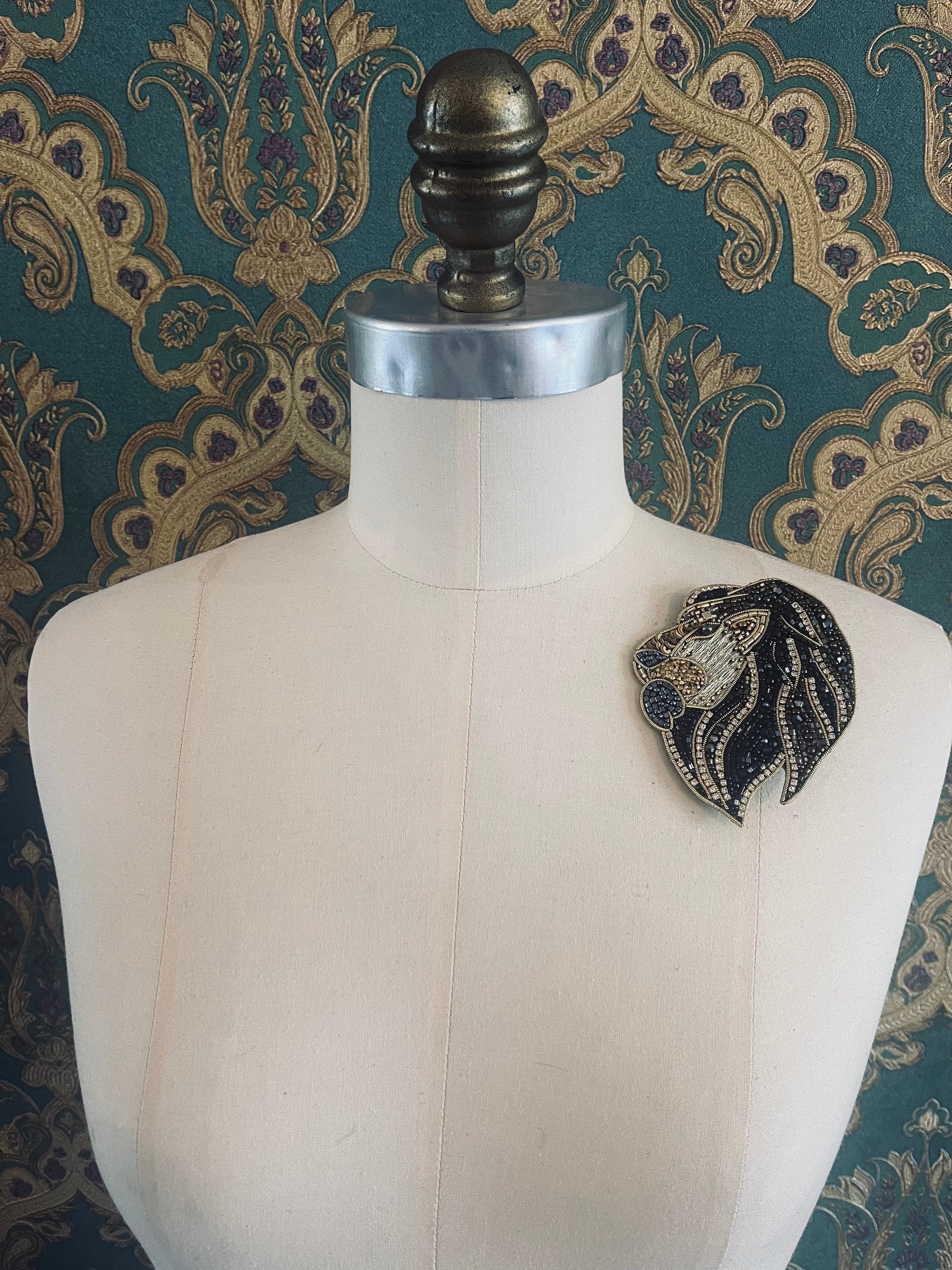 Broochella large lion brooch pin black gold hand beaded sequin luxury designer handmade men’s women’s 