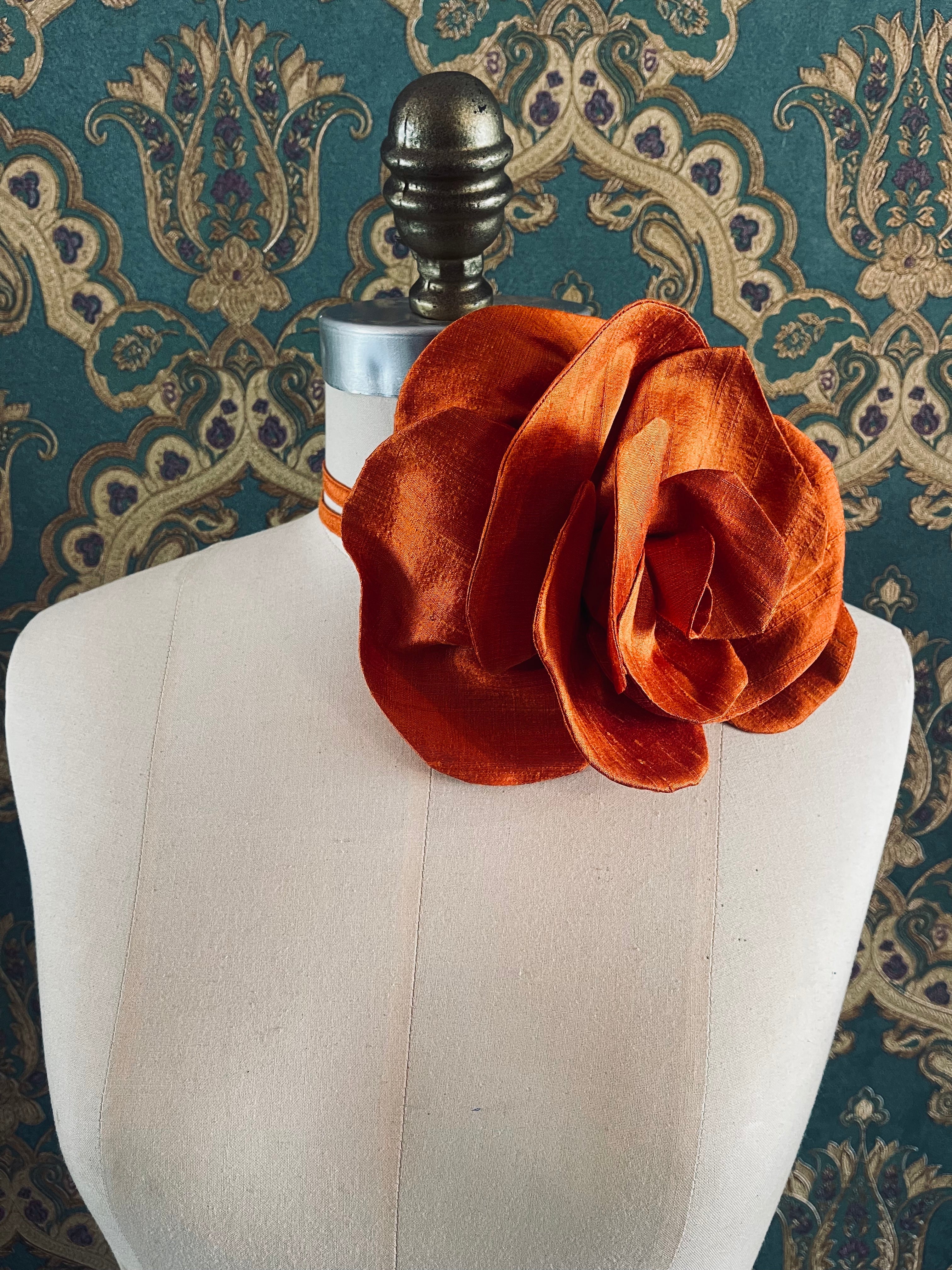 Broochella Bellucci handmade silk flower brooch pin choker luxury designer women’s accessory orange