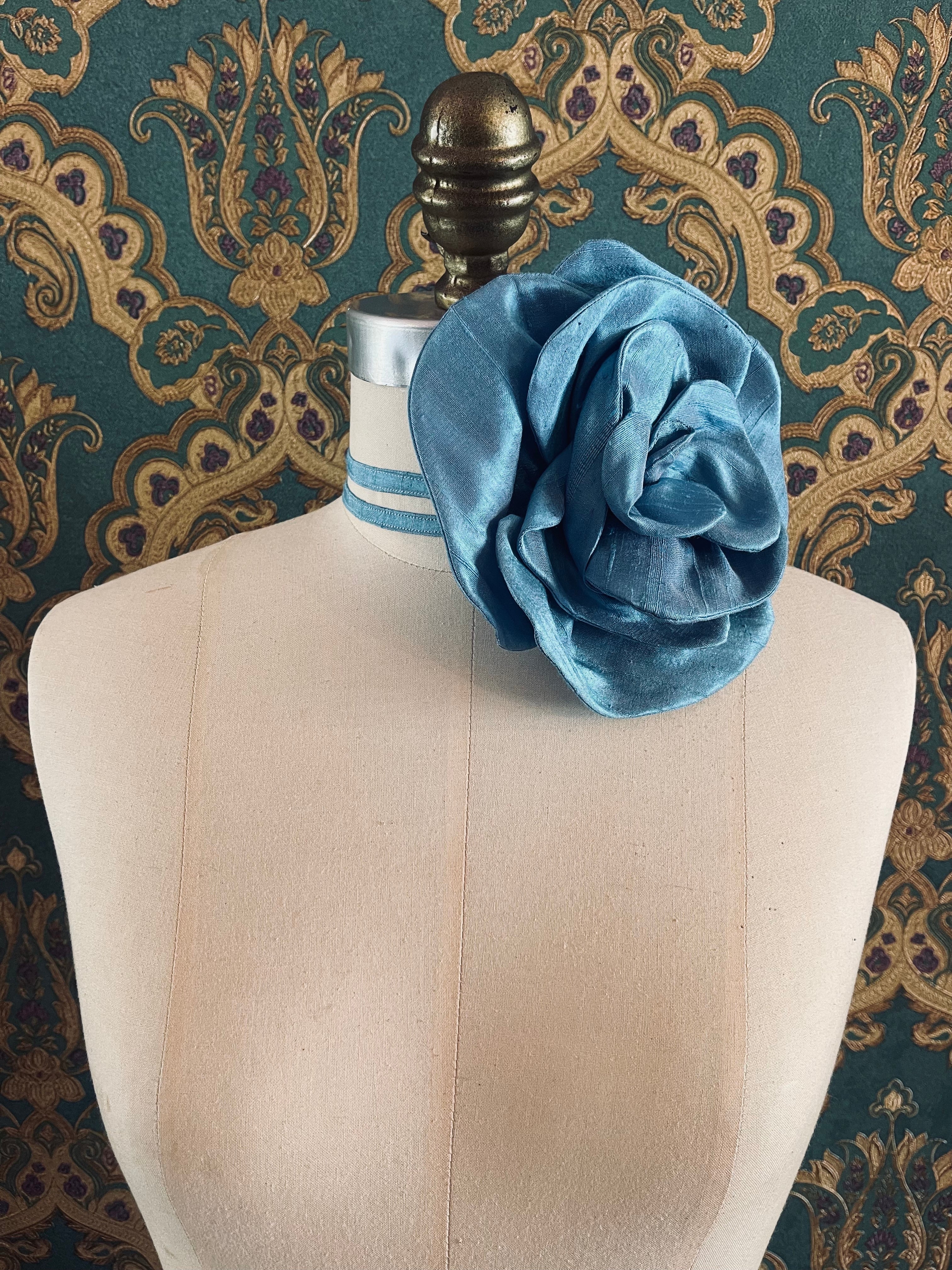 Broochella Bellucci handmade silk flower brooch pin choker luxury designer women’s accessory blue