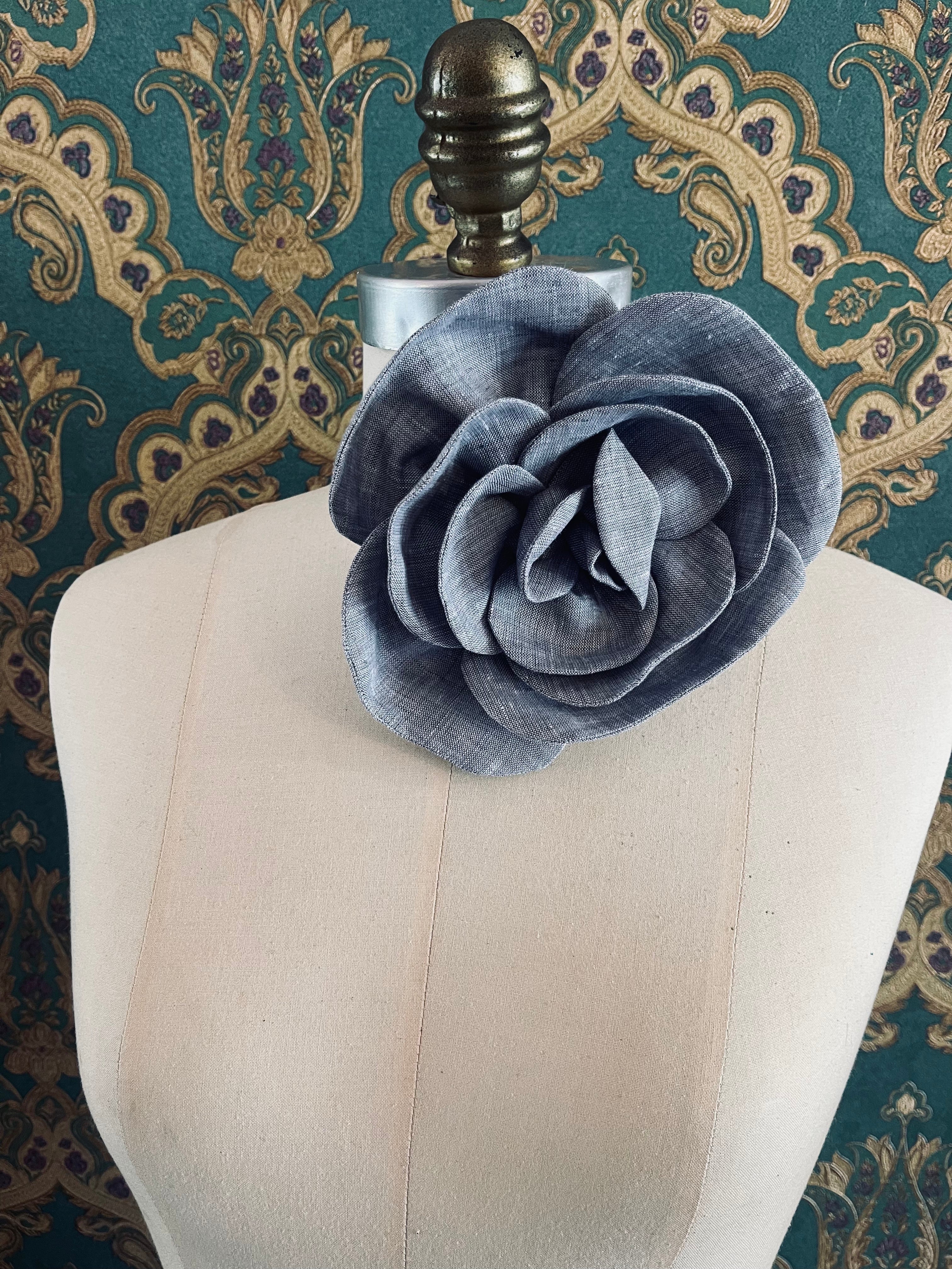 Broochella florella large flower brooch pin choker linen handmade luxury designer men’s women’s accessory grey