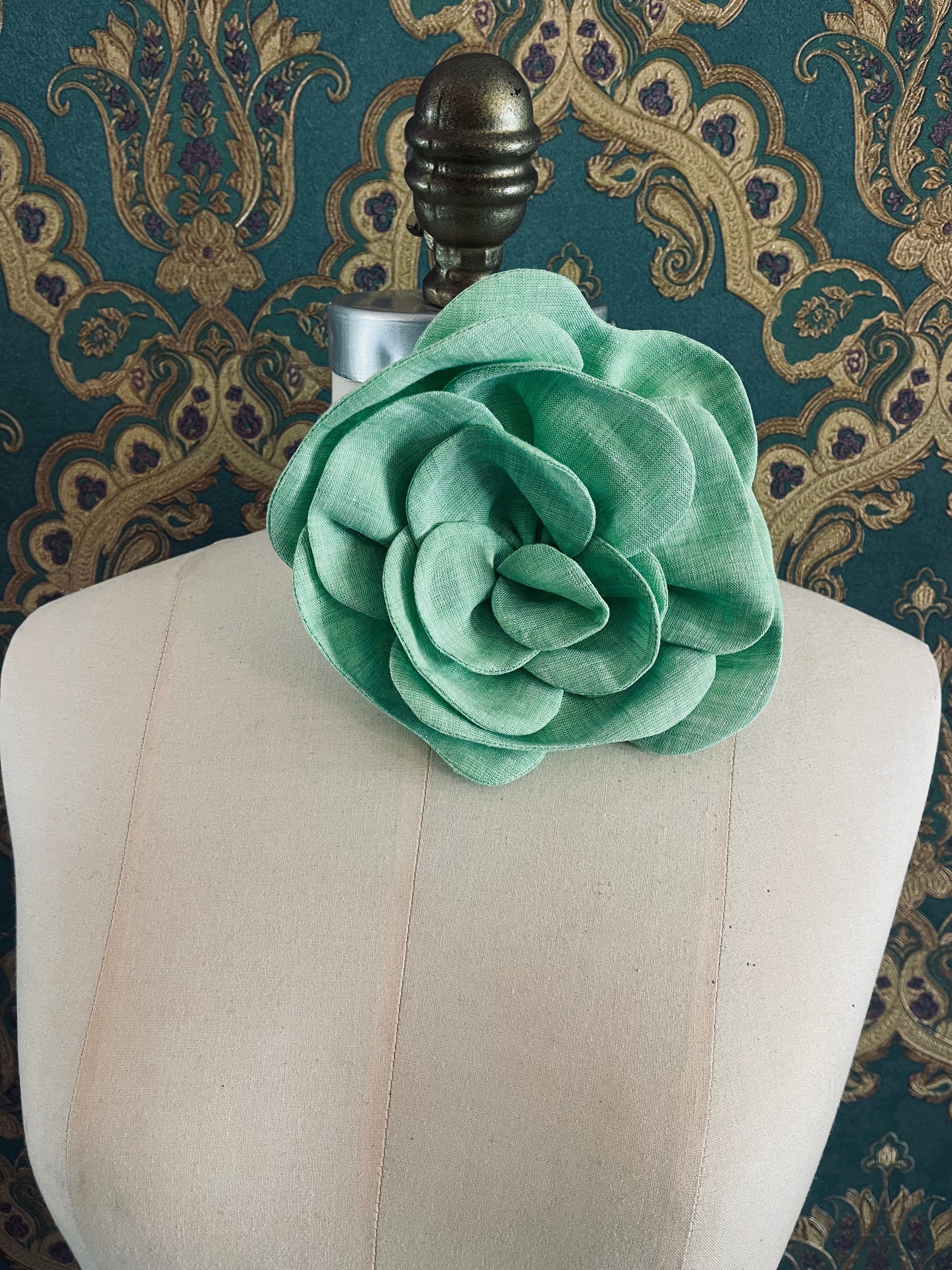 Broochella florella large flower brooch pin choker linen handmade luxury designer men’s women’s accessory green
