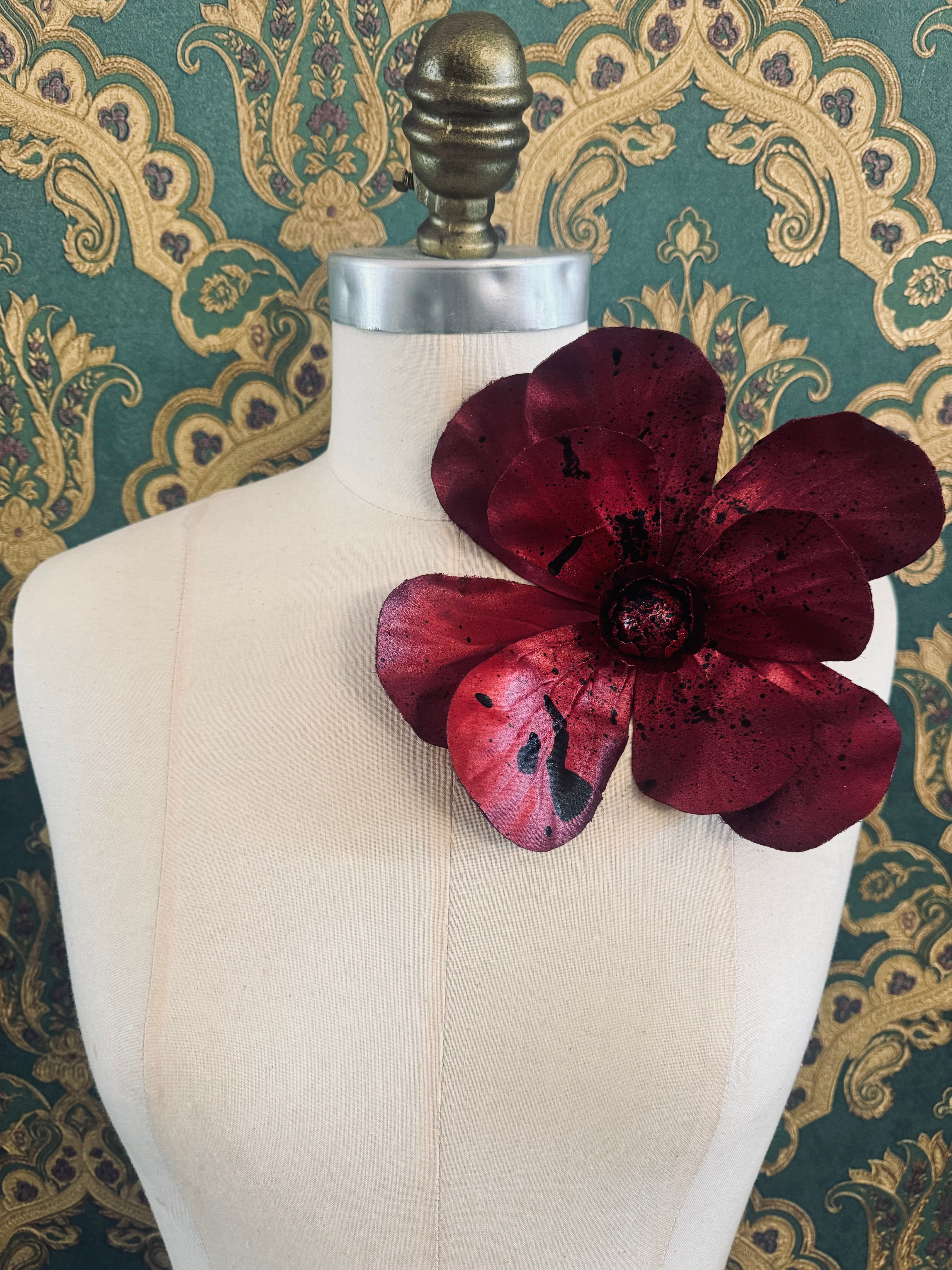 Broochella Magnolia d’Arte flower brooch pin silk hand painted art spray paint luxury designer men’s women’s one of a kind red