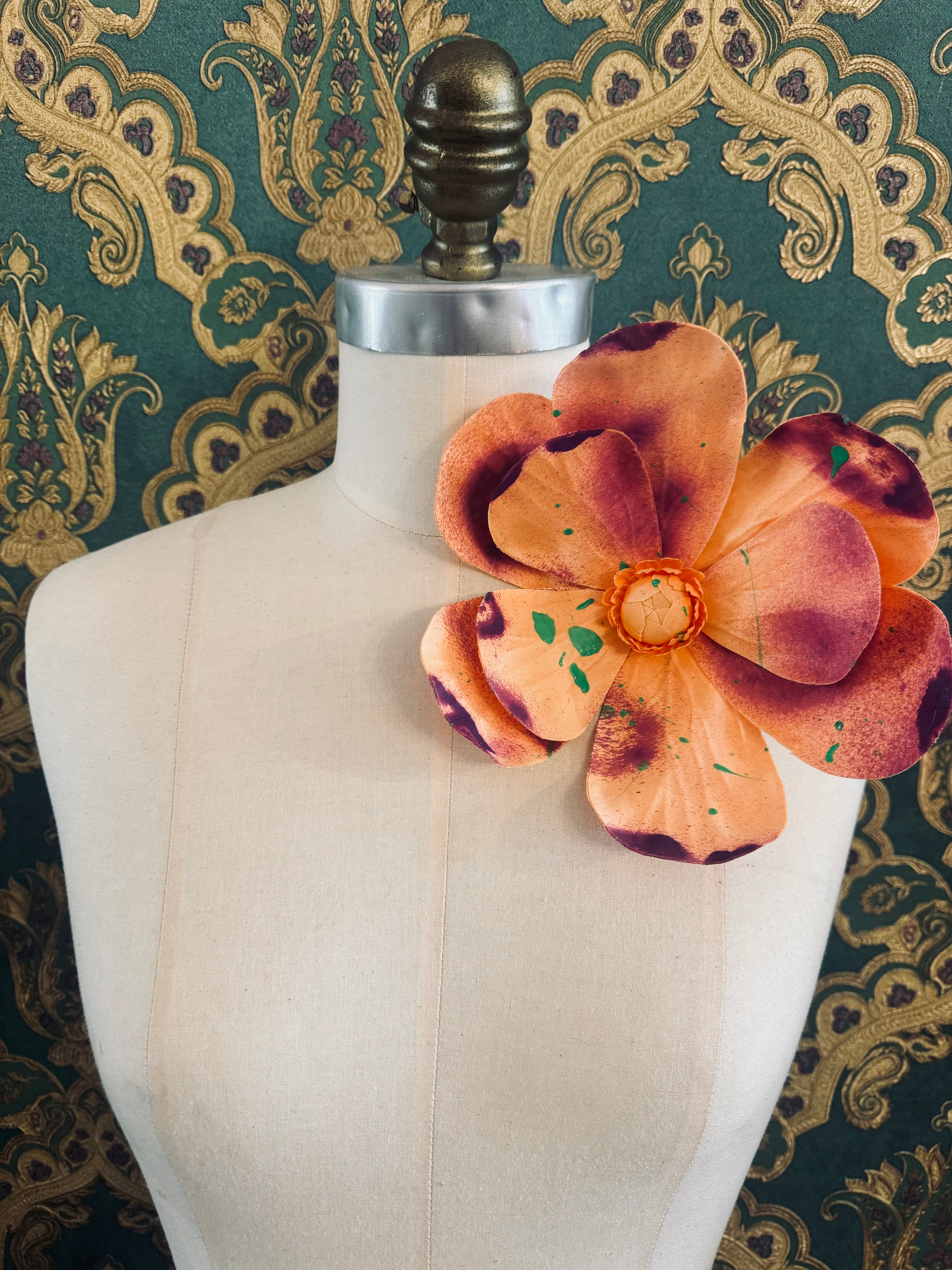 Broochella Magnolia d’Arte flower brooch pin silk hand painted art spray paint luxury designer men’s women’s orange