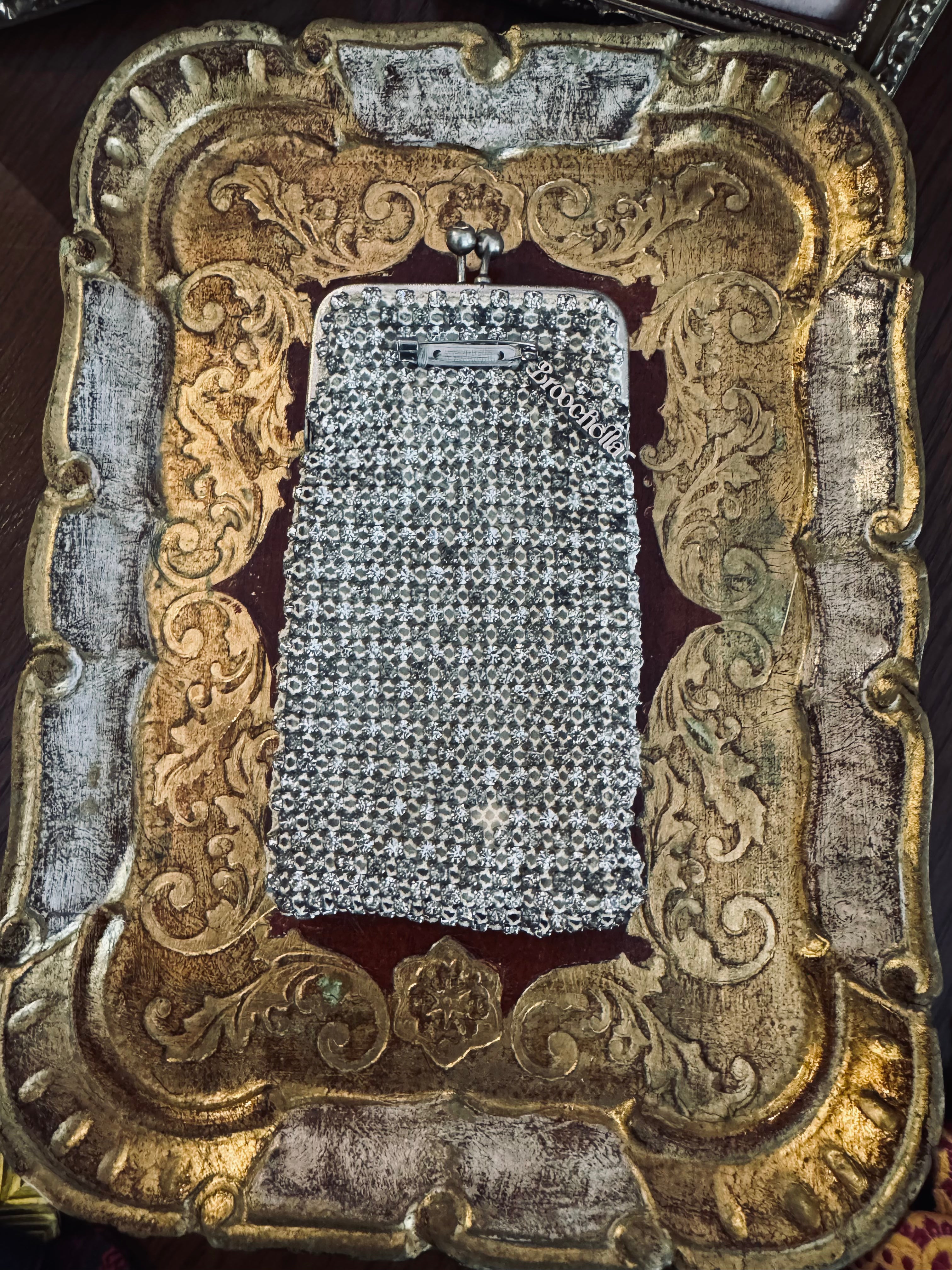 Maison Broche Flapper purse silver rhinestone brooch pin upcycled luxury designer men's women's 