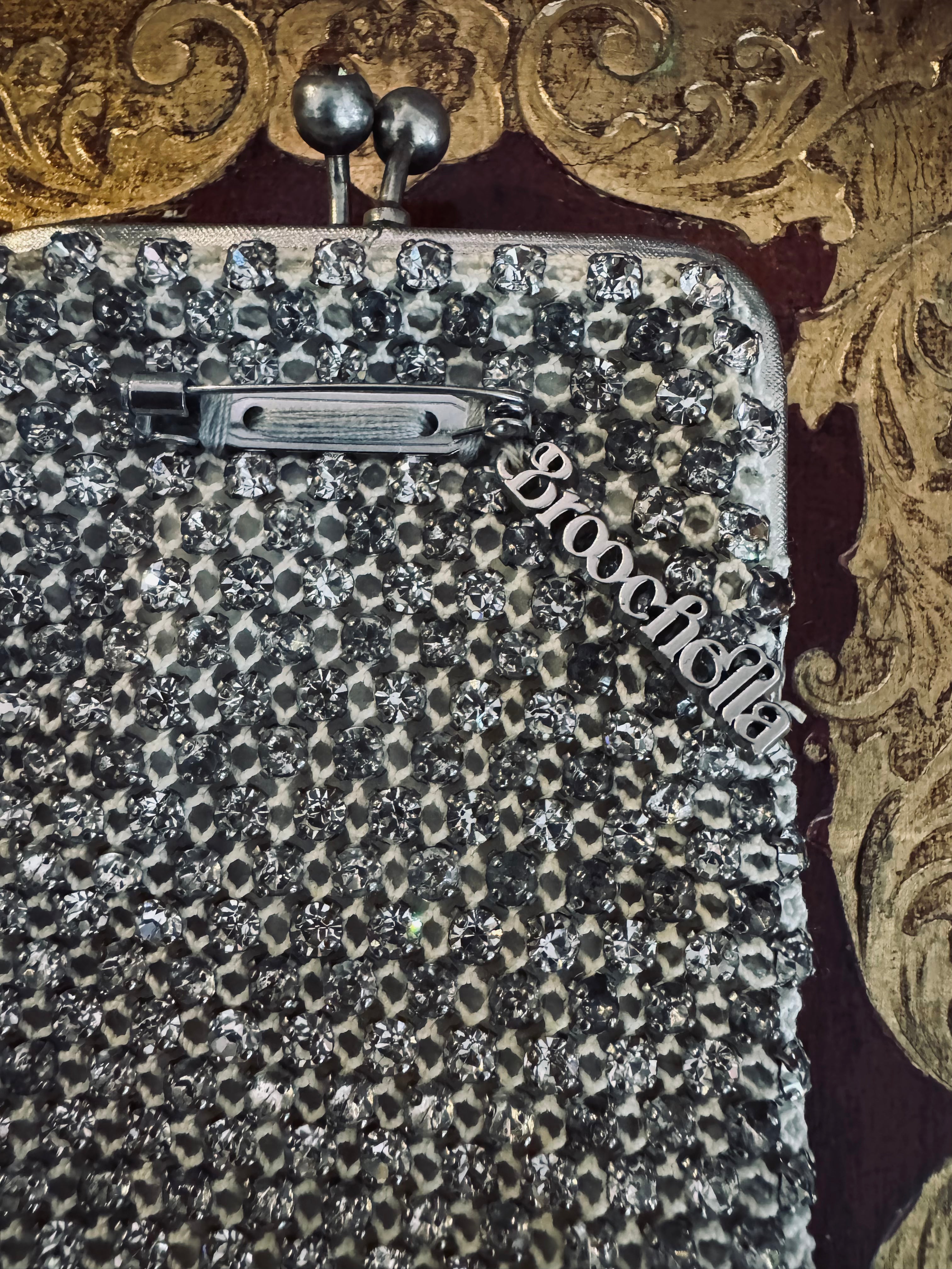 Maison Broche Flapper purse silver rhinestone brooch pin upcycled luxury designer men's women's 