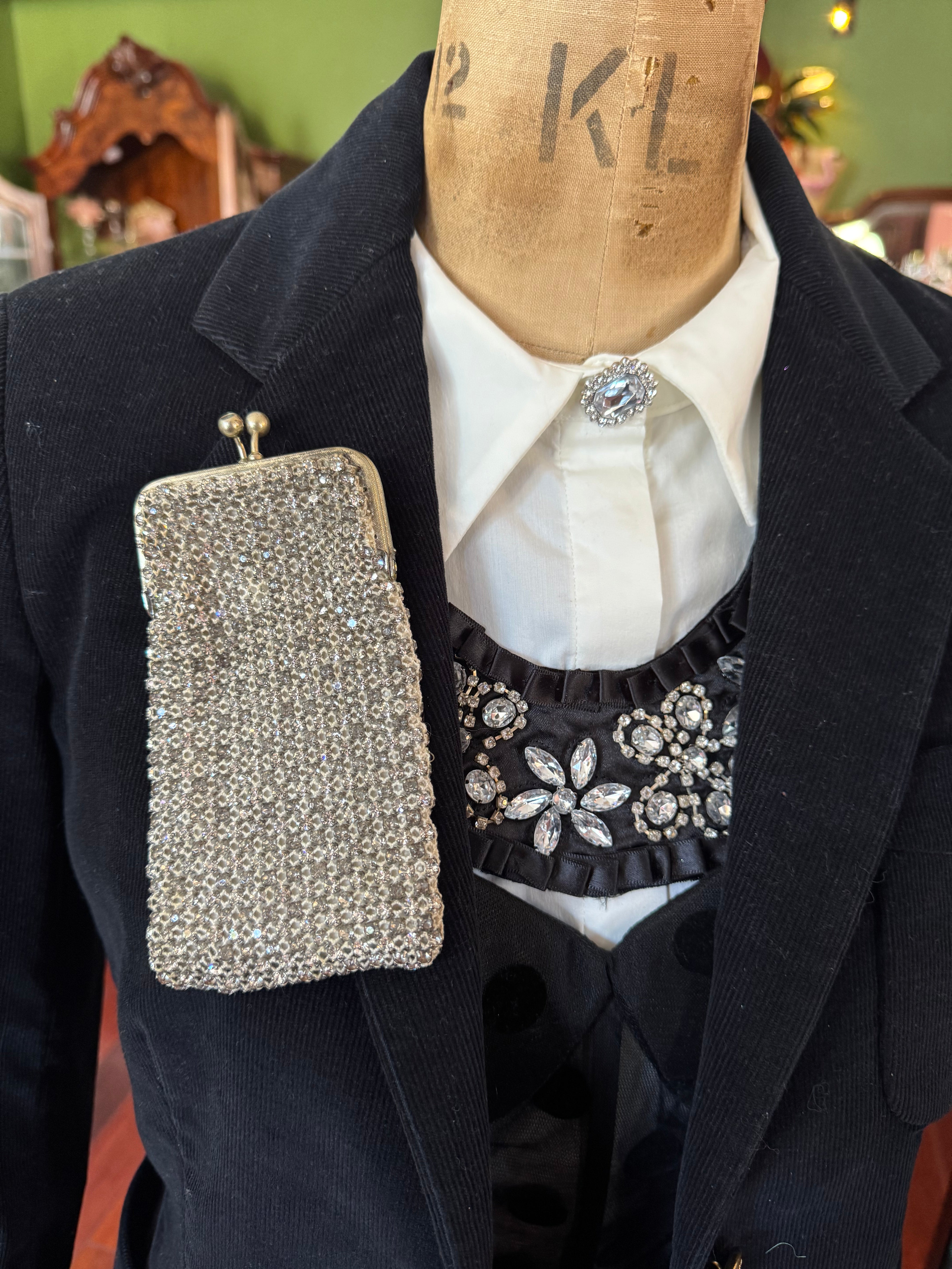 Maison Broche Flapper purse silver rhinestone brooch pin upcycled luxury designer men's women's