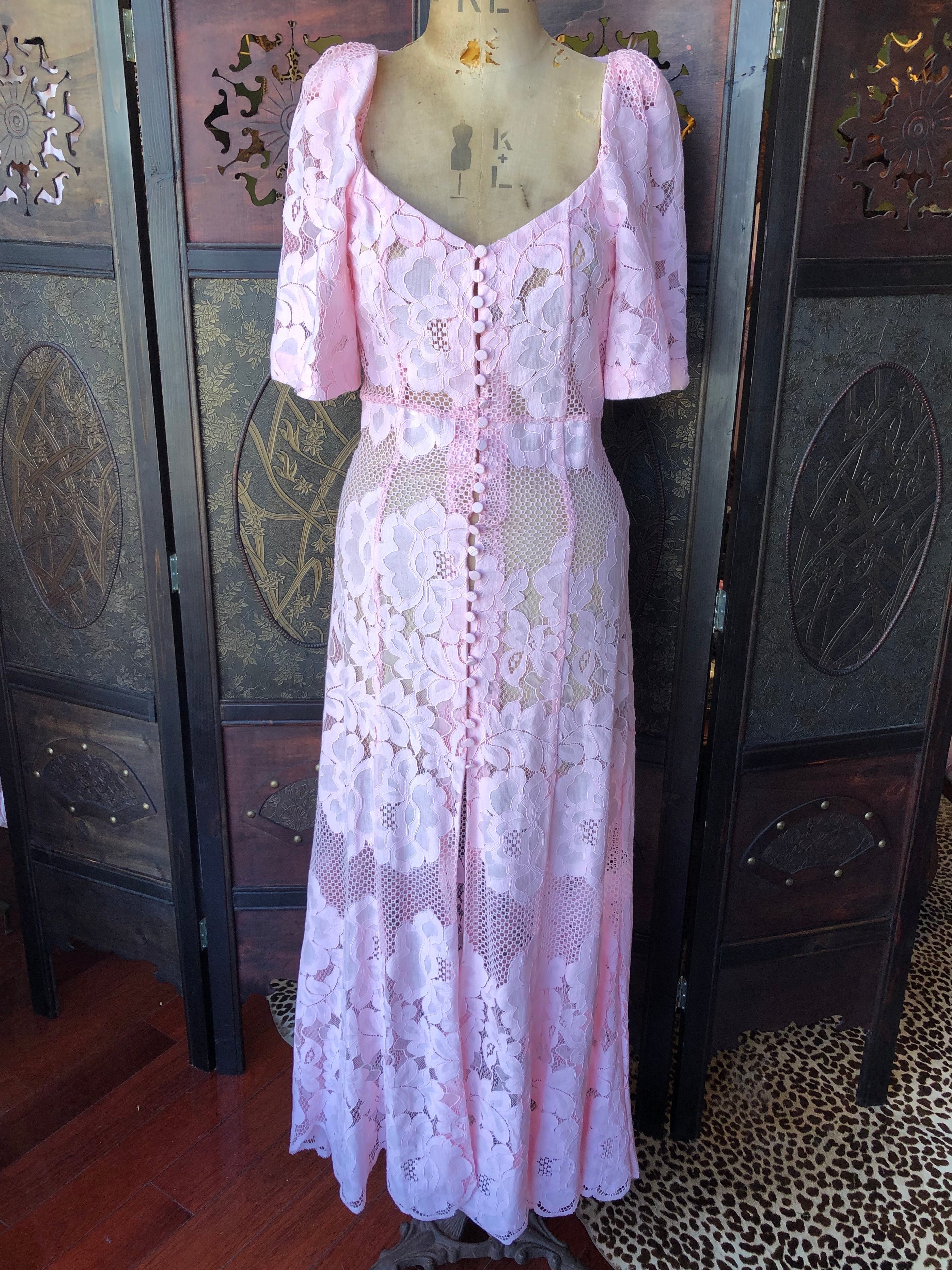 Mr Larkin Pink Sheer Lace Maxi Dress – Size S luxury designer