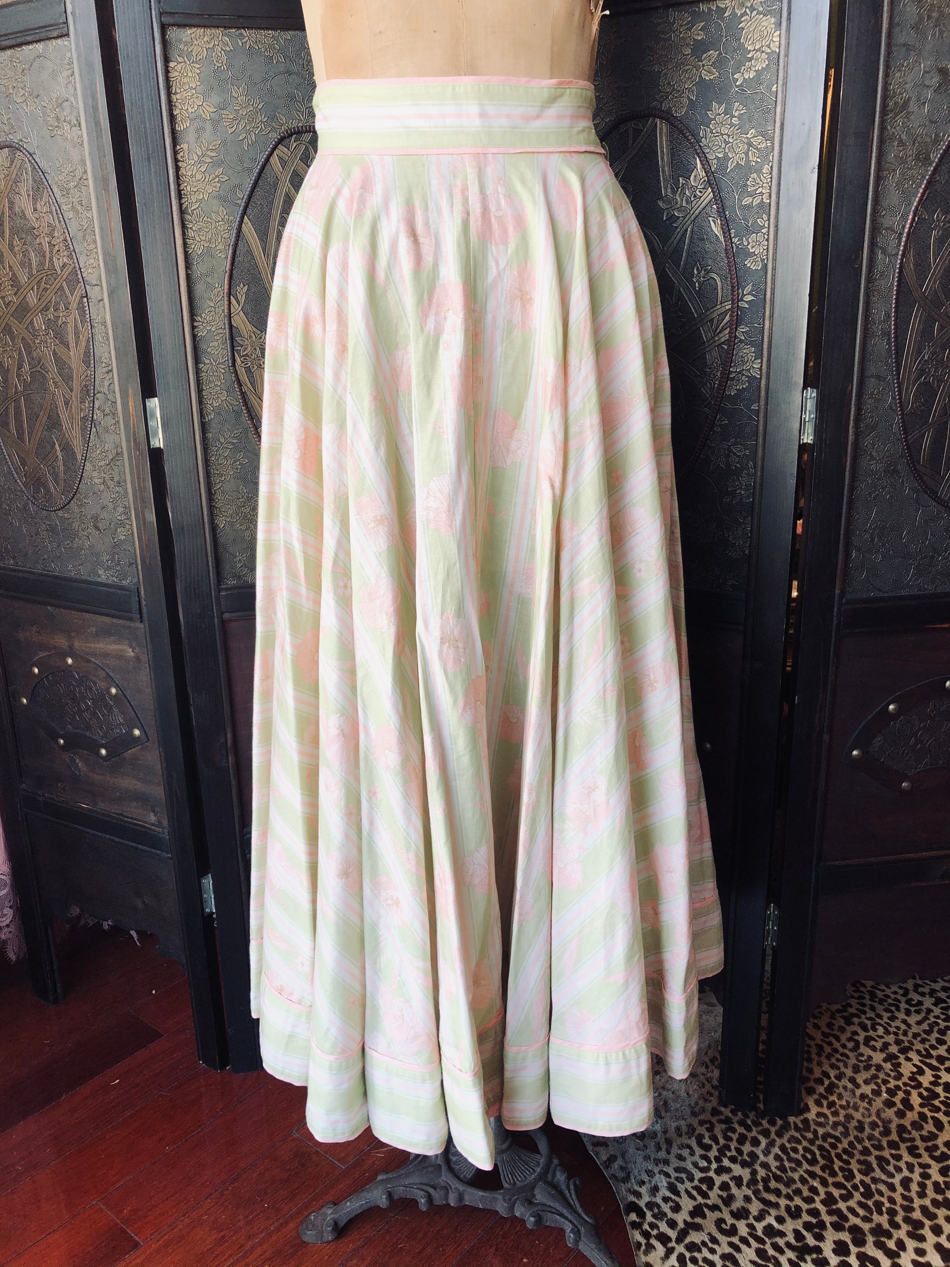 Odet Maxi Circle Skirt- Small green pink floral striped linen cotton luxury designer women's 