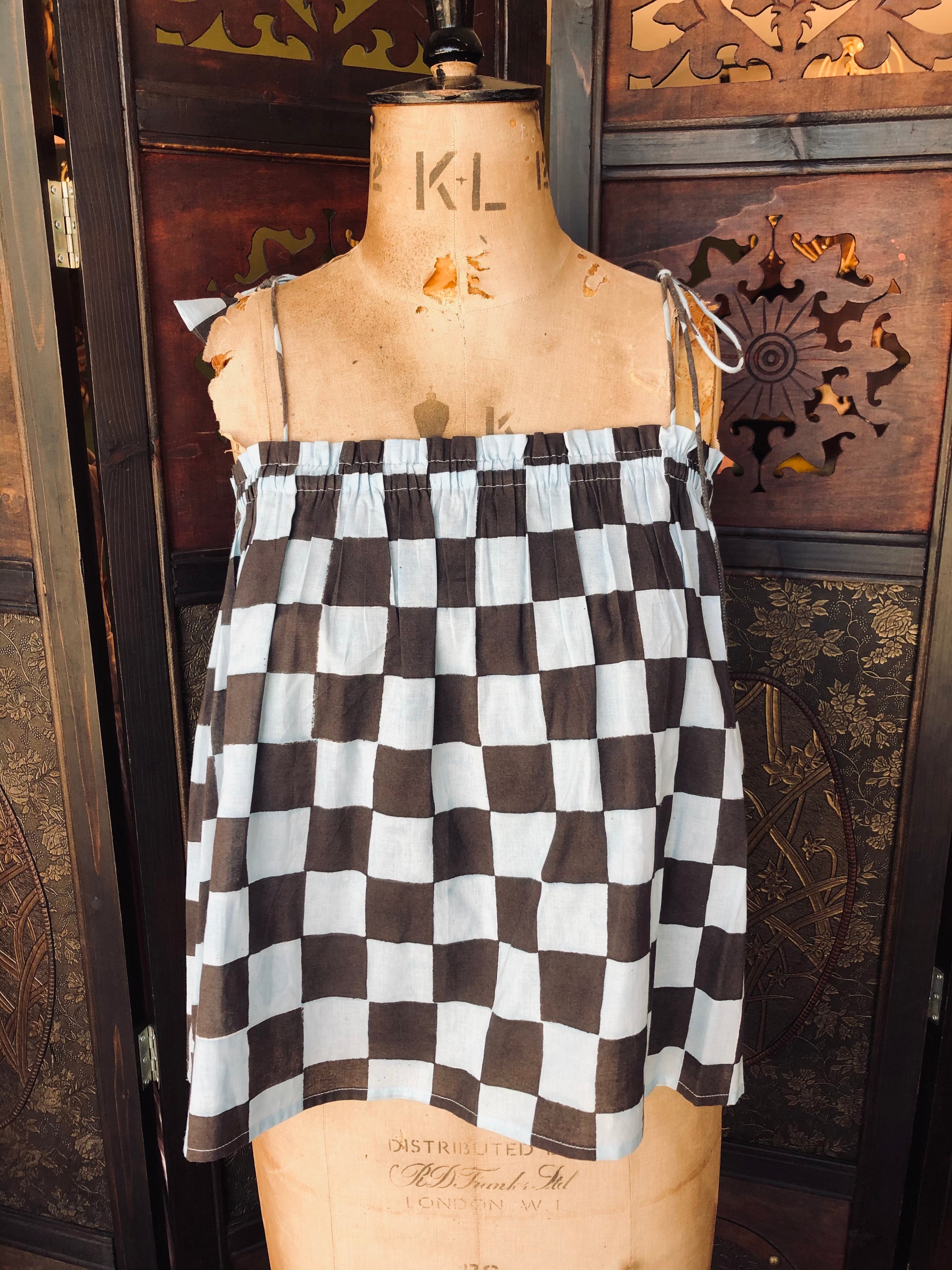 Malabar Collective Check Cotton Top – Size 1 blue brown luxury designer