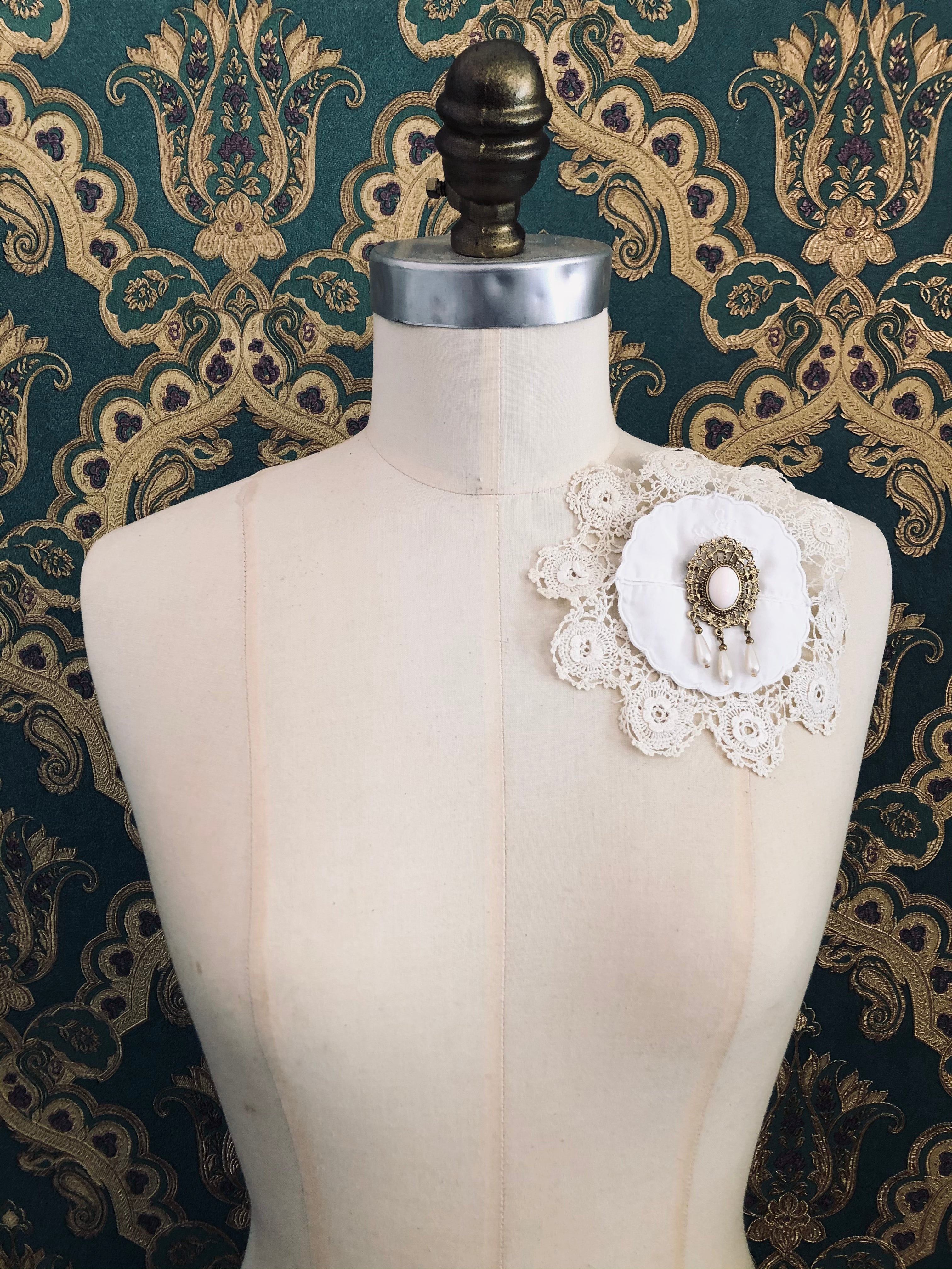 Broochella Corredi brooch pin handmade vintage linen vintage brooch embellishment luxury designer upcycled