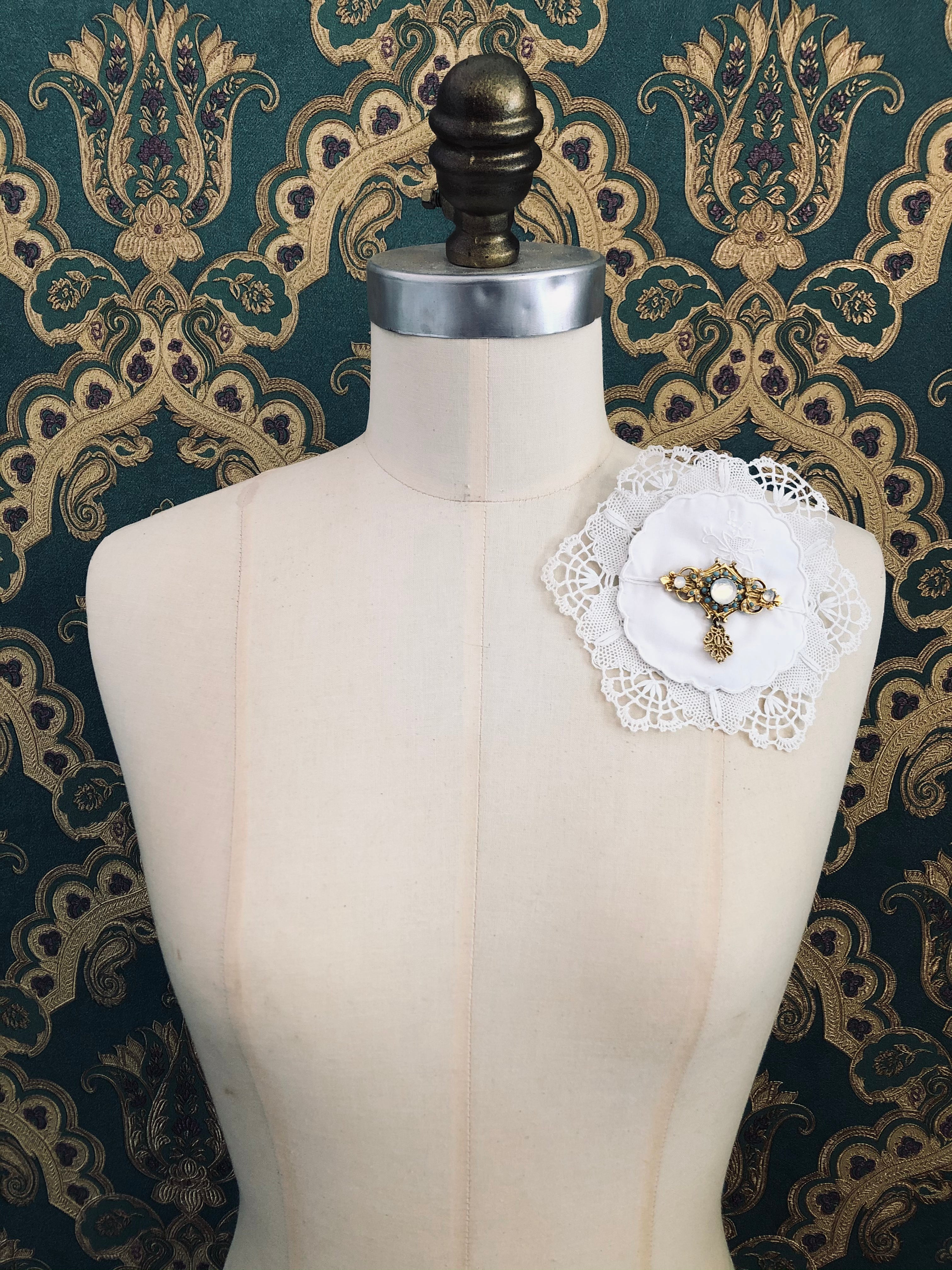 Broochella Corredi brooch pin Italian linen vintage handmade embellished gold tone vintage brooch upcycled luxury designer