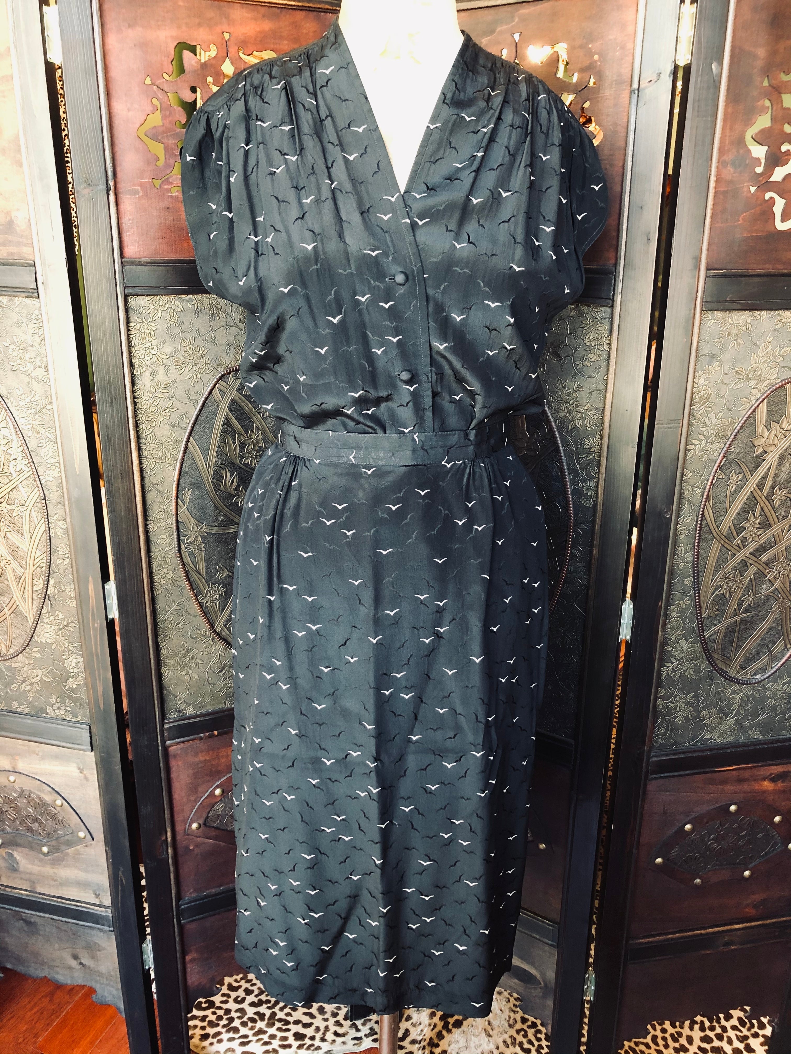 Simona Couture Vintage 1980s Black Silk Blouse & Skirt Set- AU 6