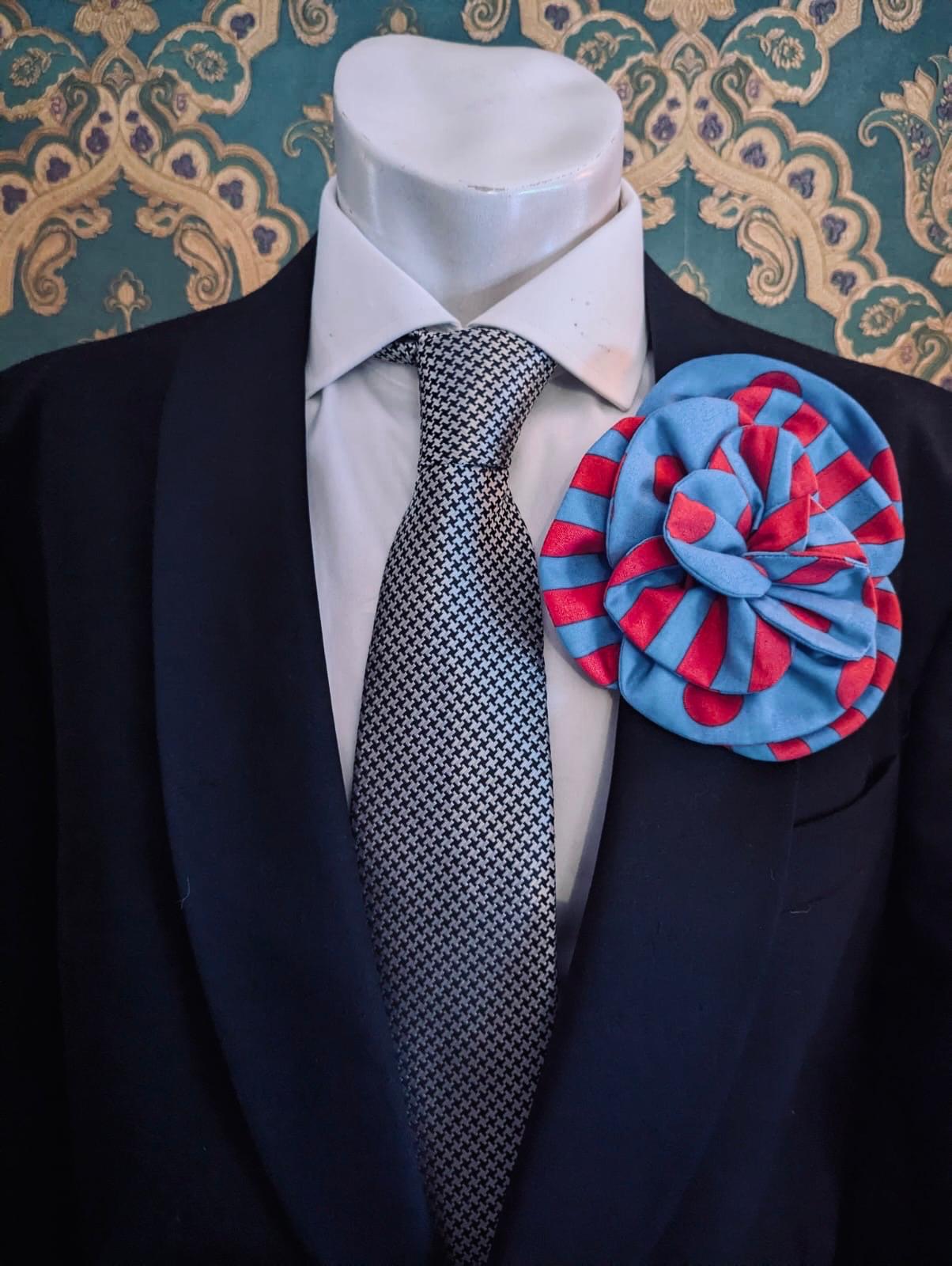 Broochella Men's Florella flower brooch cotton handmade spots stripes designer luxury red blue