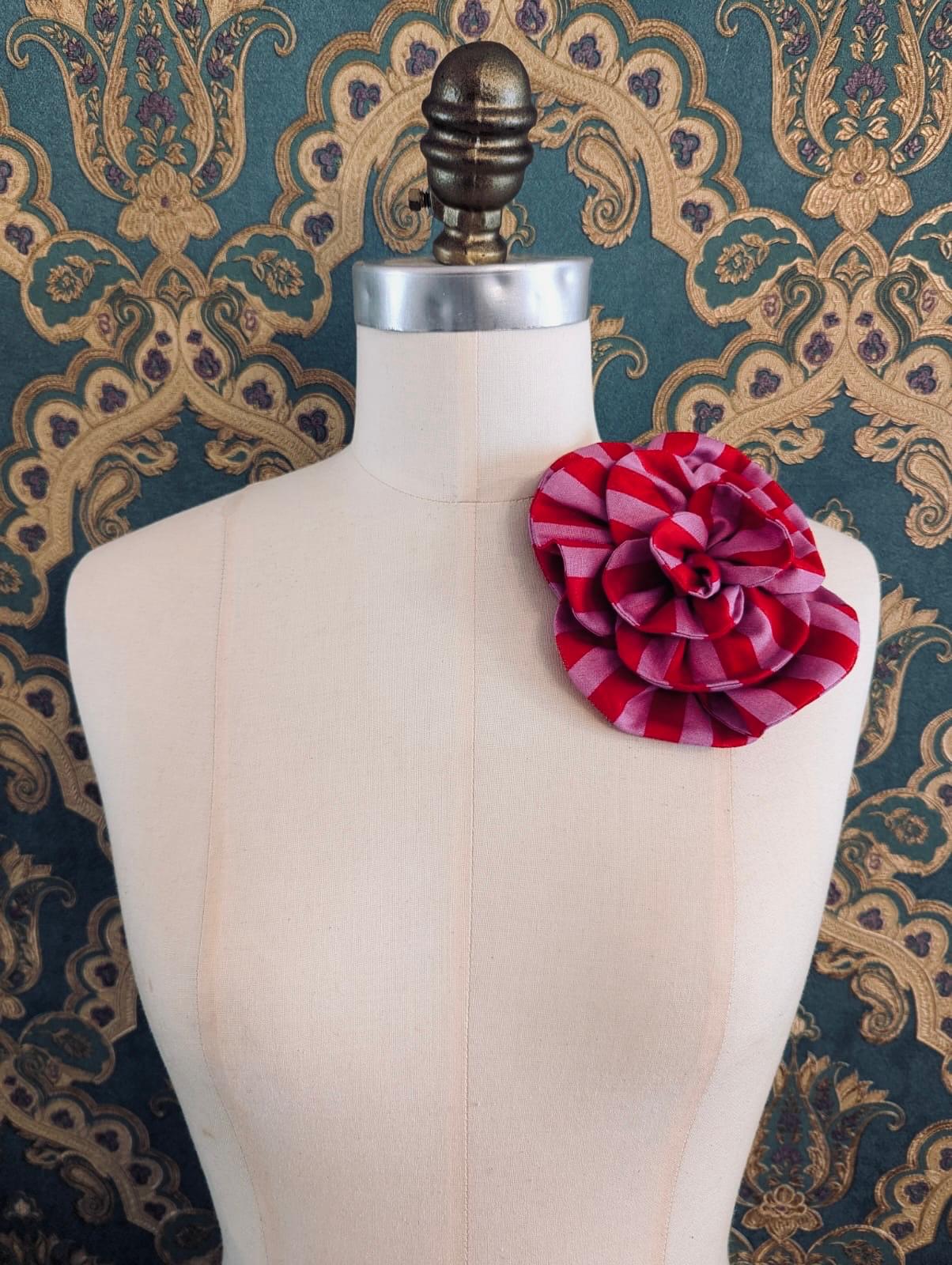 Broochella florella flower brooch pin red pink stripes striped cotton handmade luxury designer women’s men’s 