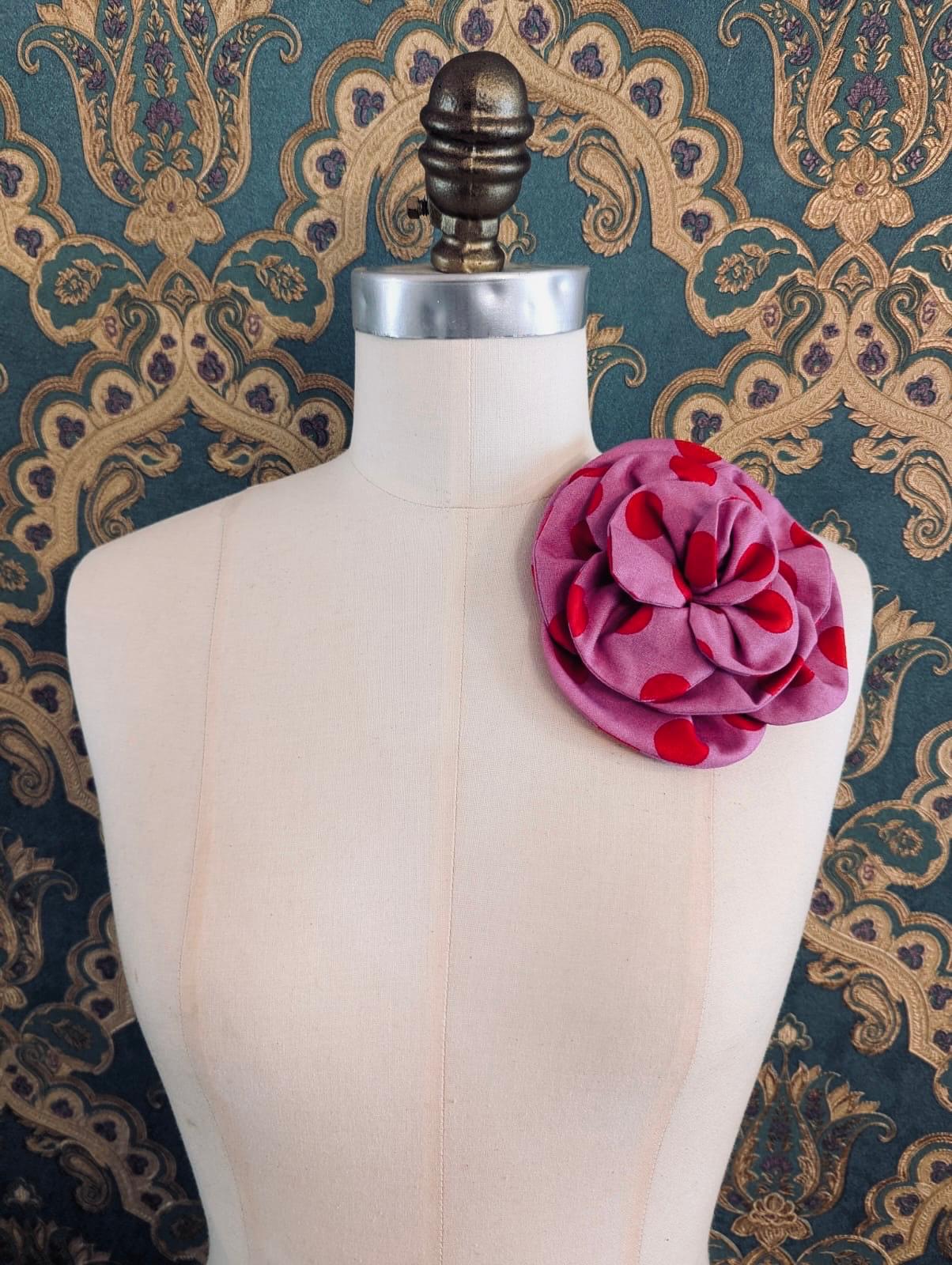 Broochella florella flower brooch pin red pink spot polka dot cotton handmade luxury designer women’s men’s 