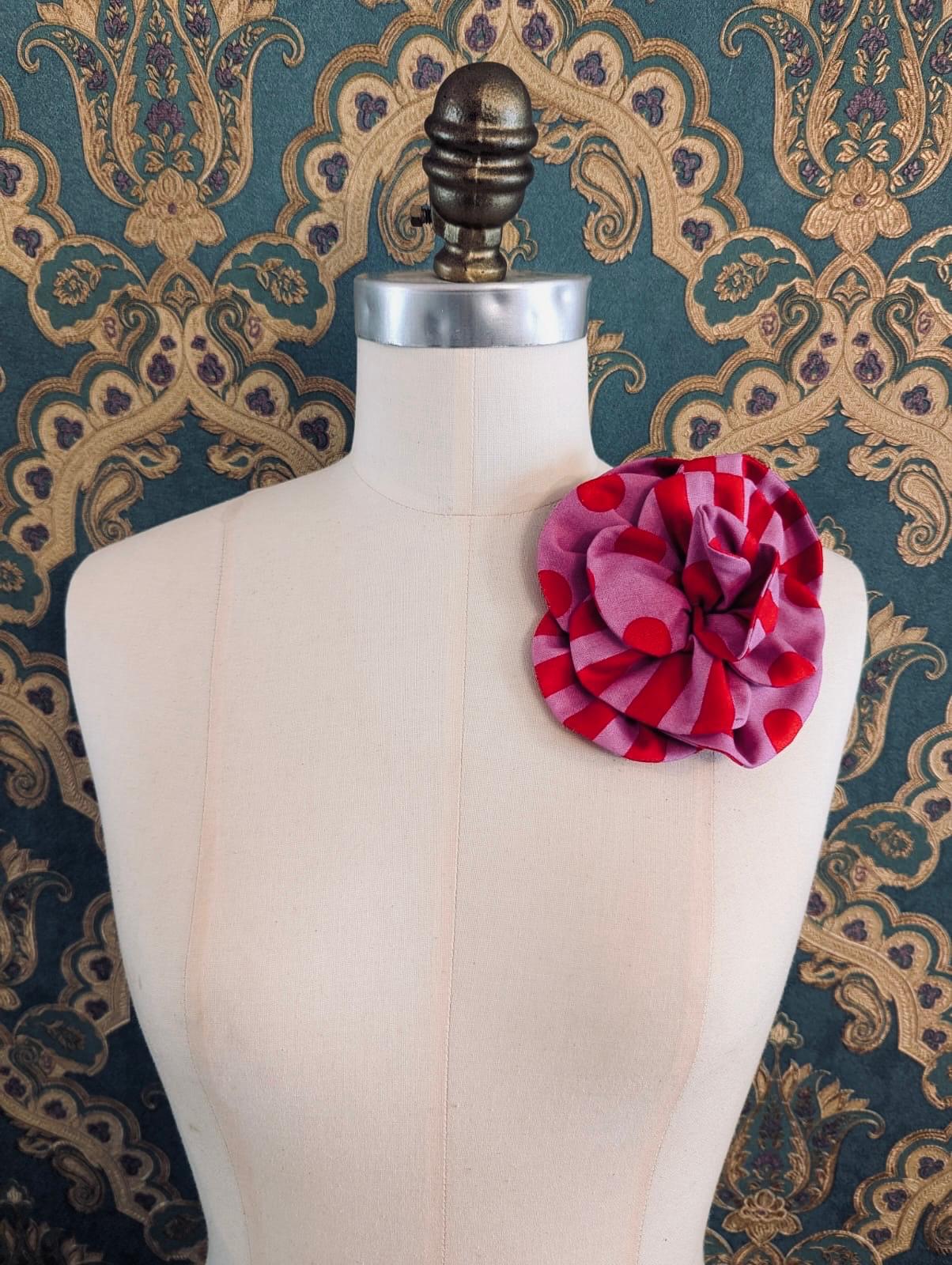 Broochella florella spot stripe flower brooch pin red pink polka dot cotton handmade designer luxury men’s women’s 