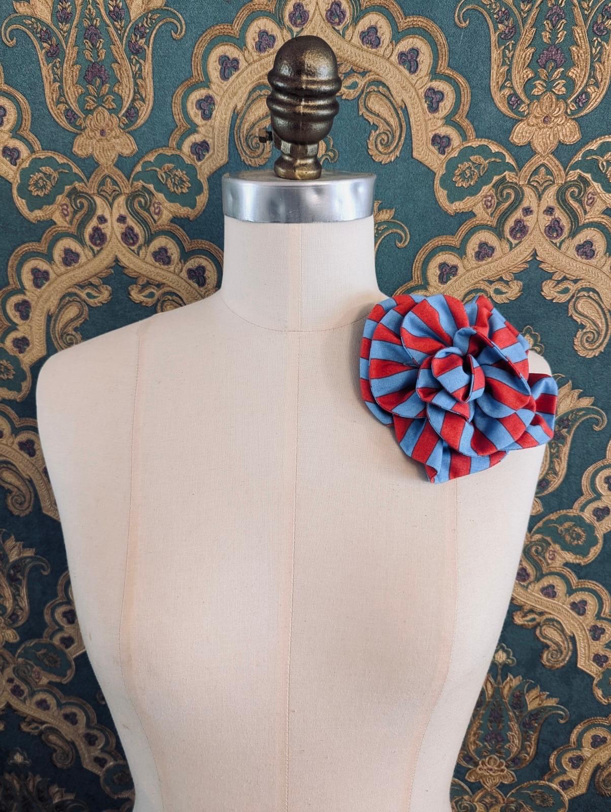 Broochella florella flower brooch pin red blue striped stripes cotton handmade luxury designer women’s men’s 