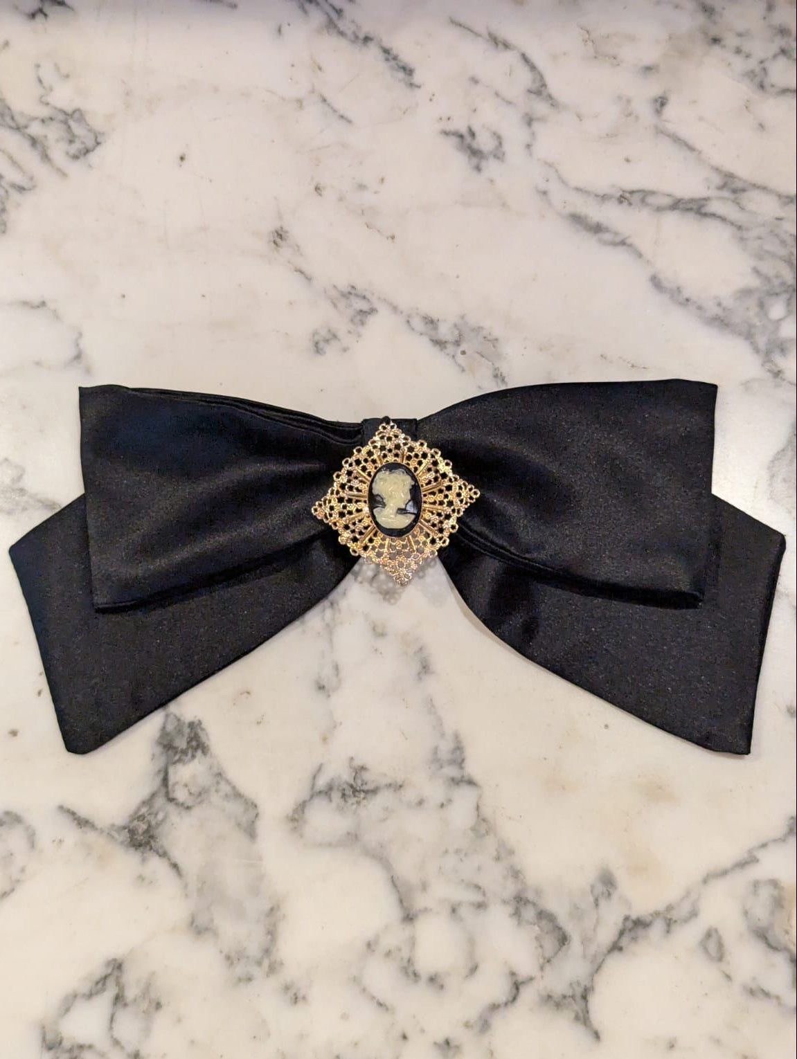 Broochella Camée Royale  Black Satin Bow Brooch Pin Ornate Cameo Brooch Vintage handmade luxury designer men's women's 