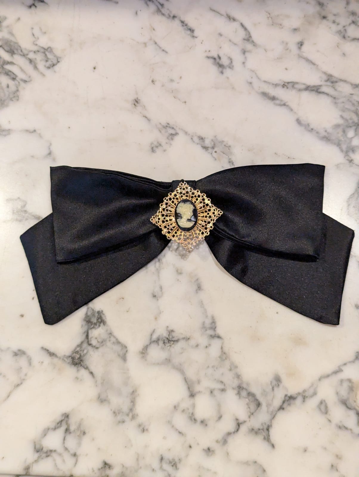 Broochella Camée Royale  Black Satin Bow Brooch Pin Ornate Cameo Brooch Vintage handmade luxury designer men's women's 