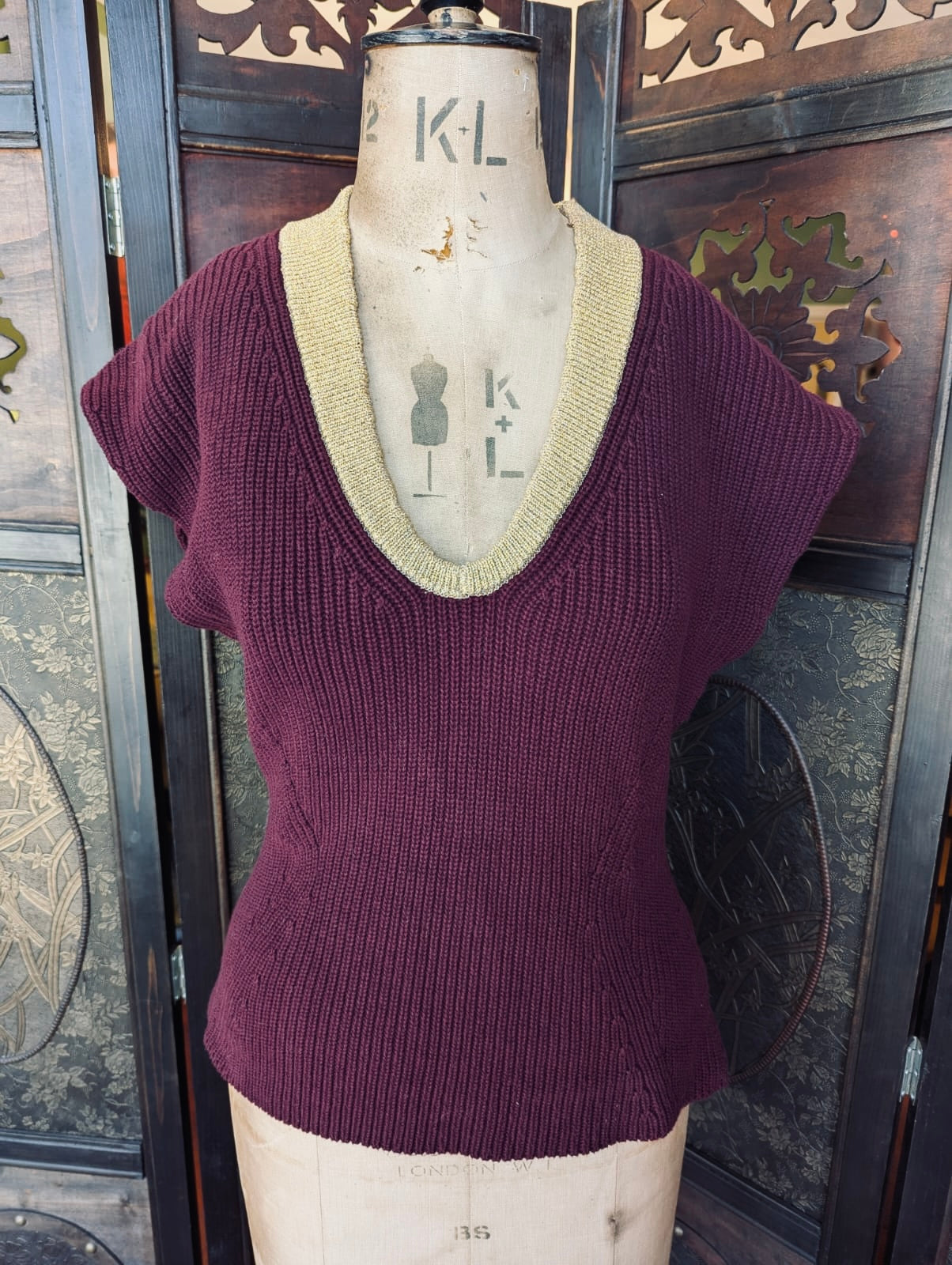 Michonet Burgundy Knit Vest with Gold Trim – Size Small, 100% Cotton