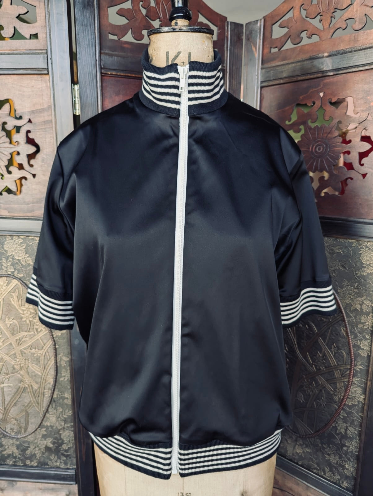 Empire Rose Black Zip-Up Jacket with Striped Trim – Size M | Acetate Blend