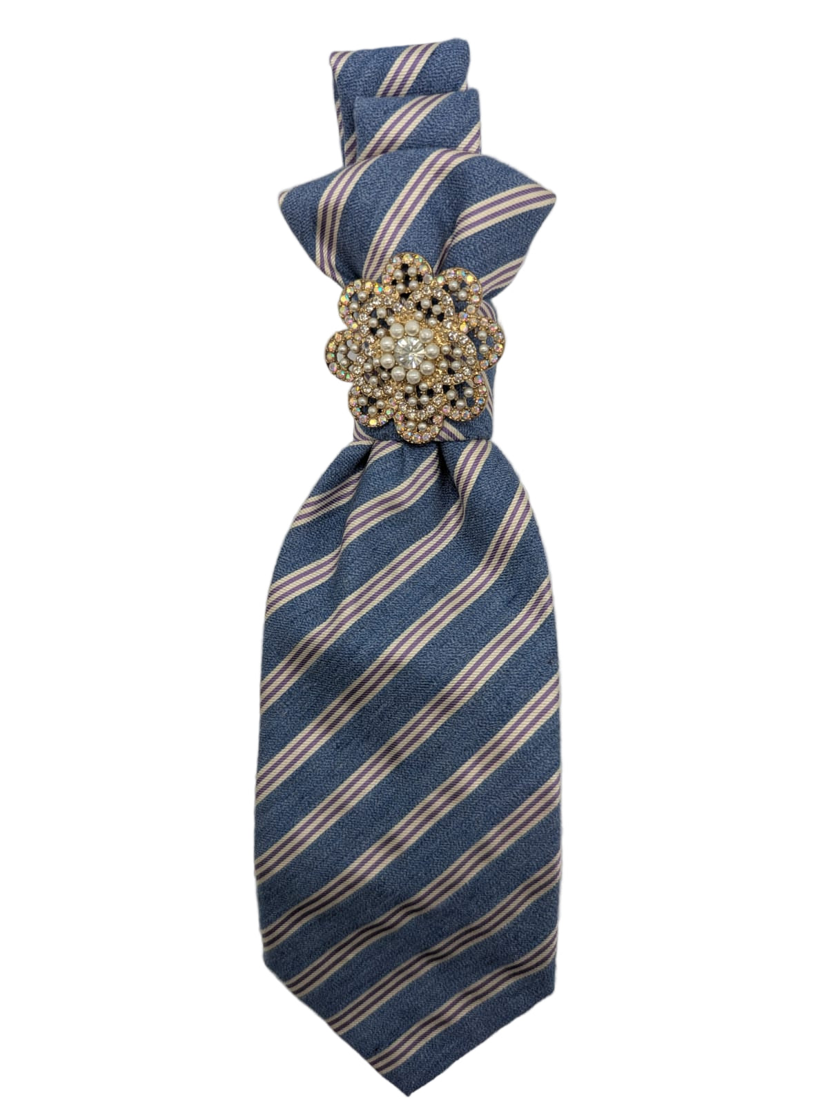 Broochella Monetcristo Cravatta tie brooch pin handmade luxury designer men's women's upcycled vintage embellishment blue white stripes