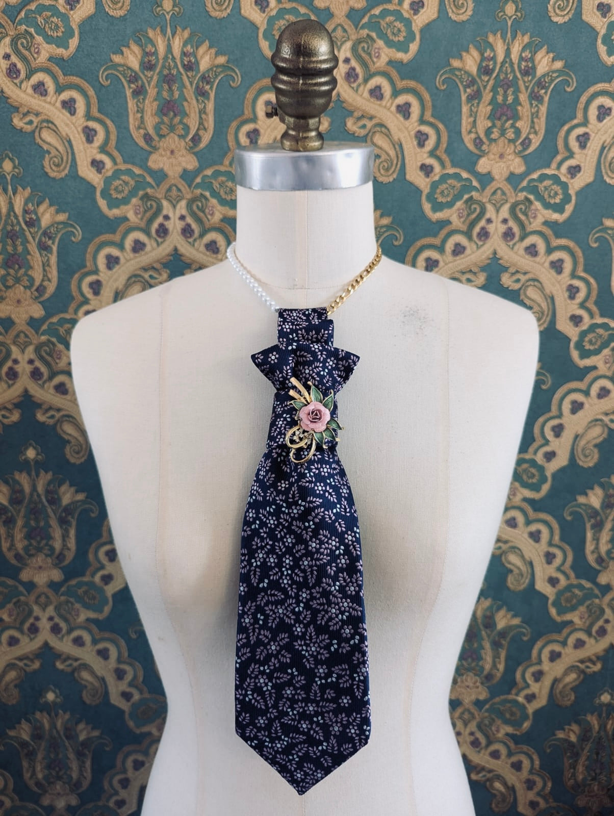 Broochella Montecristo brooch pin upcycled tie vintage embellishment blue pink floral handmade men's women's luxury designer 